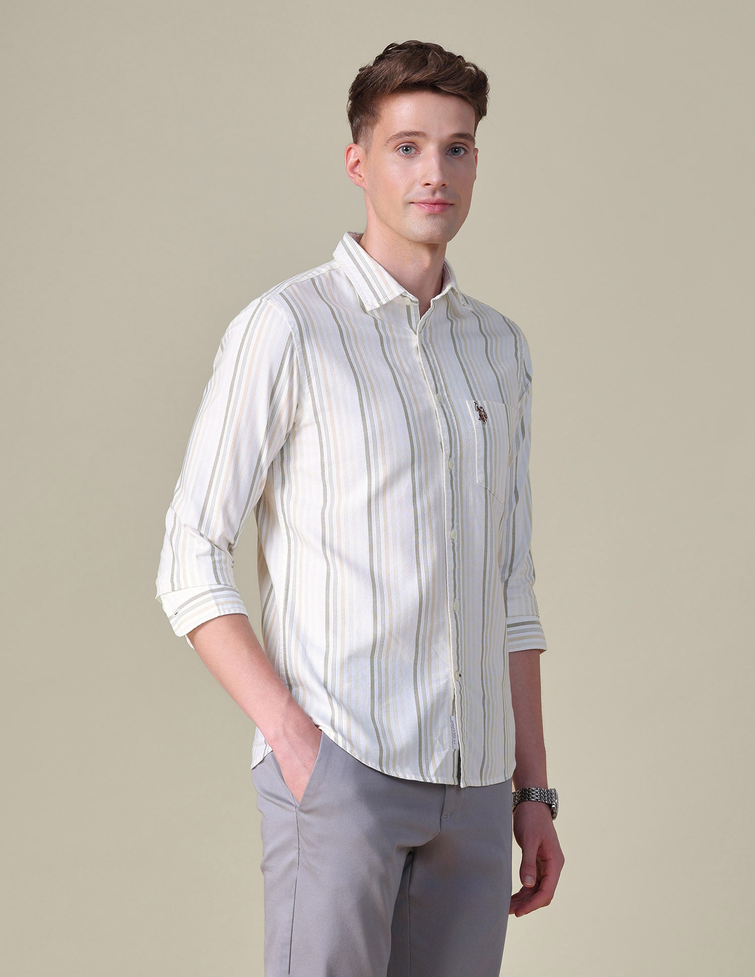 Vertical Striped Tailored Fit Shirt Beige - U.S. POLO ASSN. | Large