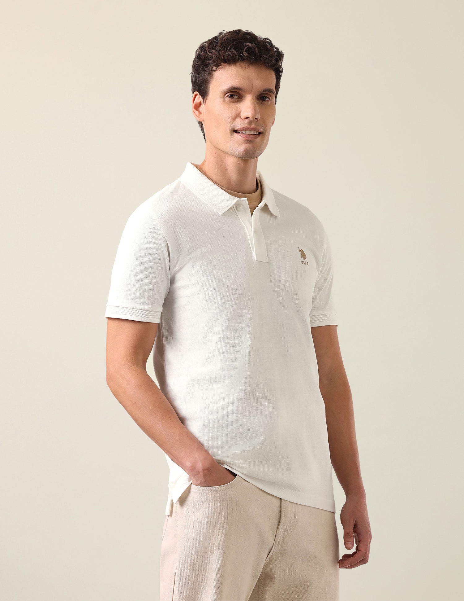 Brand Embroidered Slim Fit Polo Shirt Off White - U.S. Polo Assn. India | Large