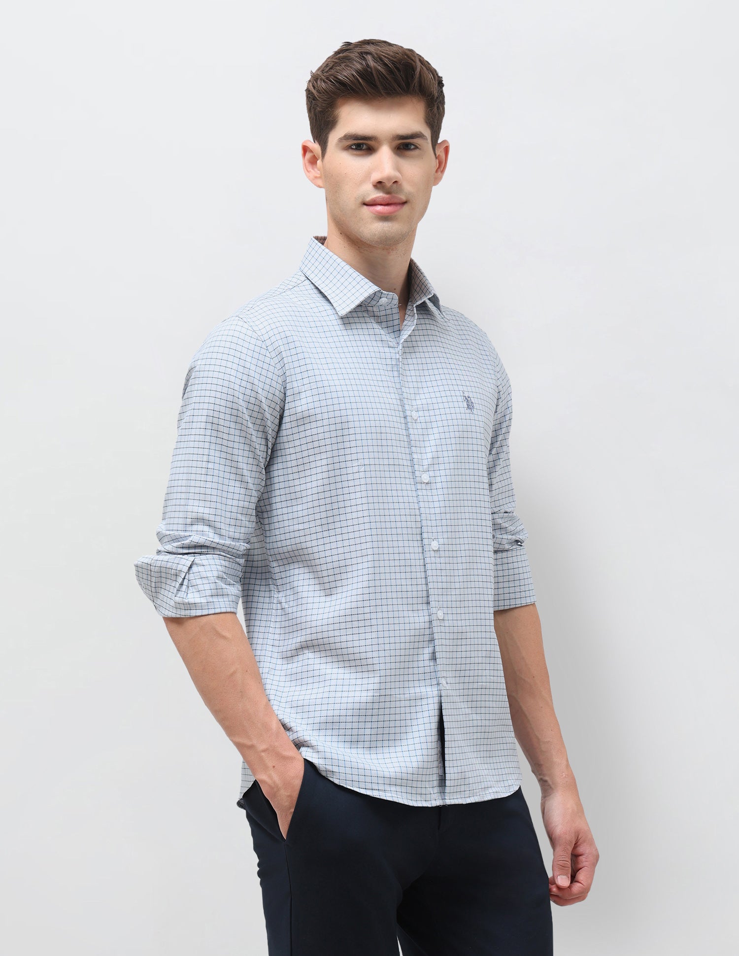 Twill Self Design Graph Checked Shirt Blue - U.S. Polo Assn. India | Large