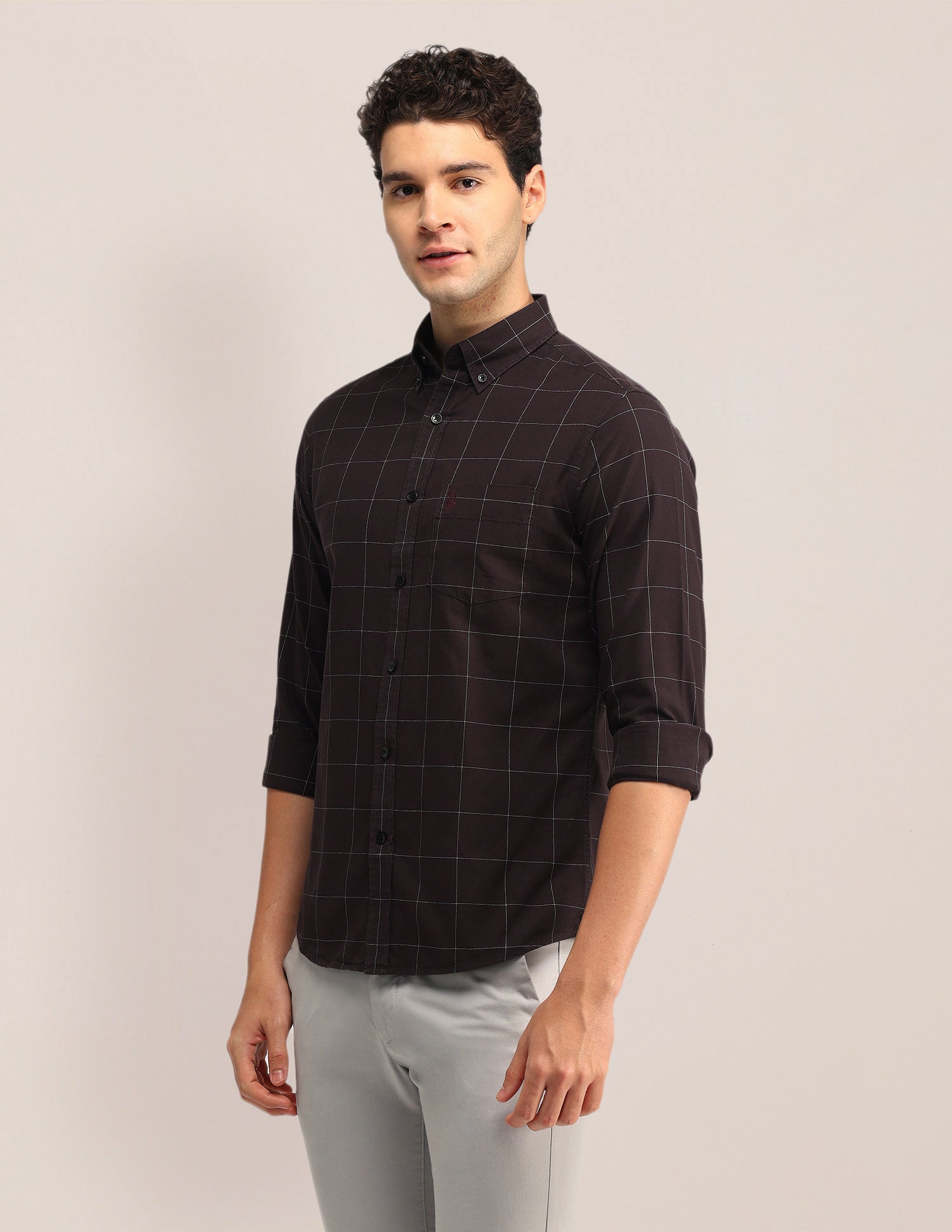 Windowpane Checked Tailored Fit Shirt Maroon - U.S. Polo Assn. India | Large