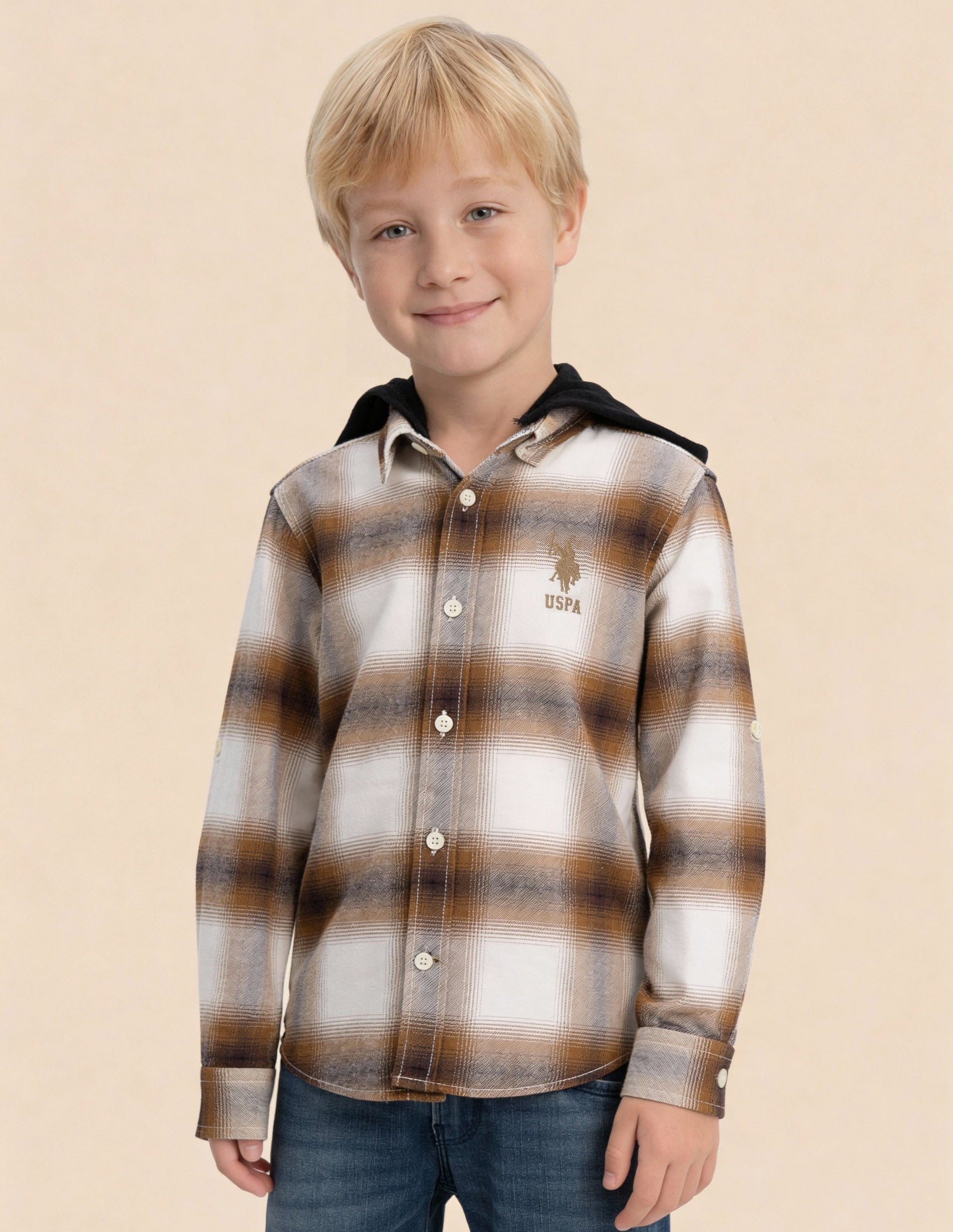 Boys Tartan Checked Regular Fit Shirt Beige - U.S. Polo Assn. India | Large