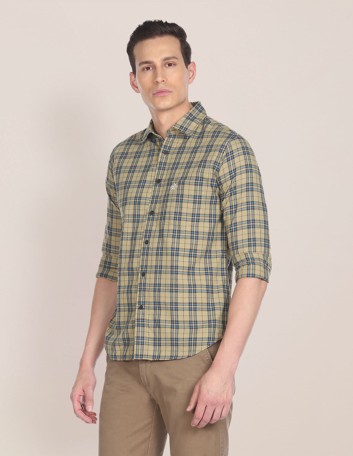 Men Green And Brown Patch Pocket Check Casual Shirt Green and Brown - U.S. POLO ASSN. | Large