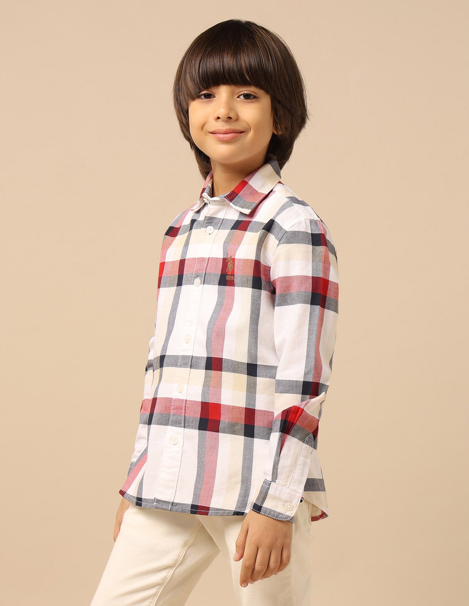 Boys Tartan Checked Oxford Shirt Beige - U.S. POLO ASSN. | Large