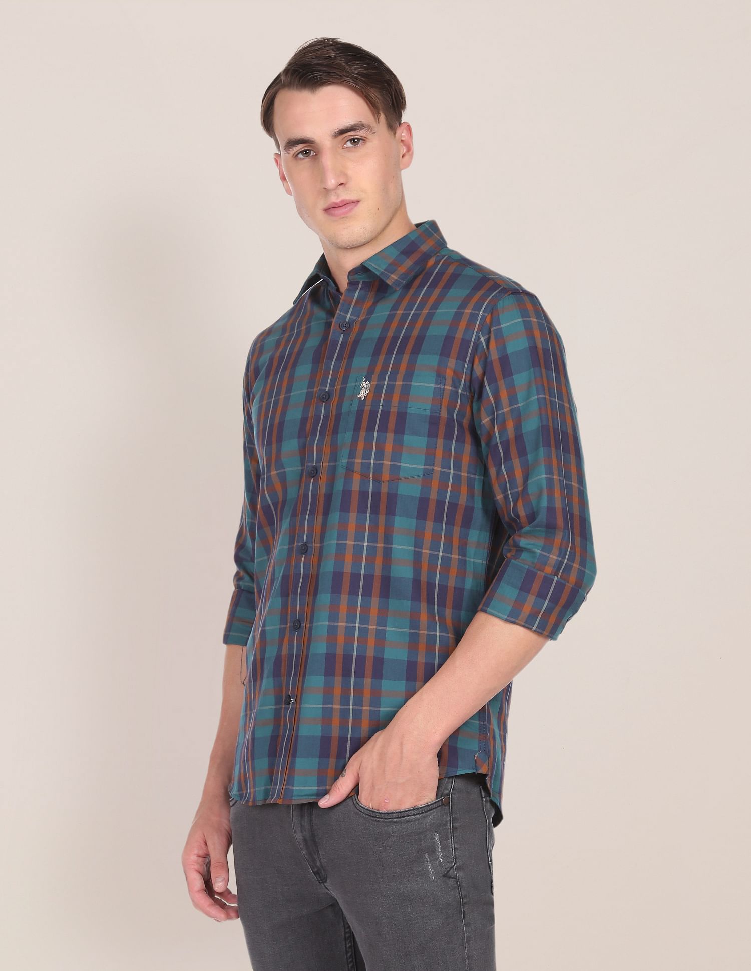Men Teal Premium Cotton Madras Check Casual Shirt Teal - U.S. Polo Assn. India | Large