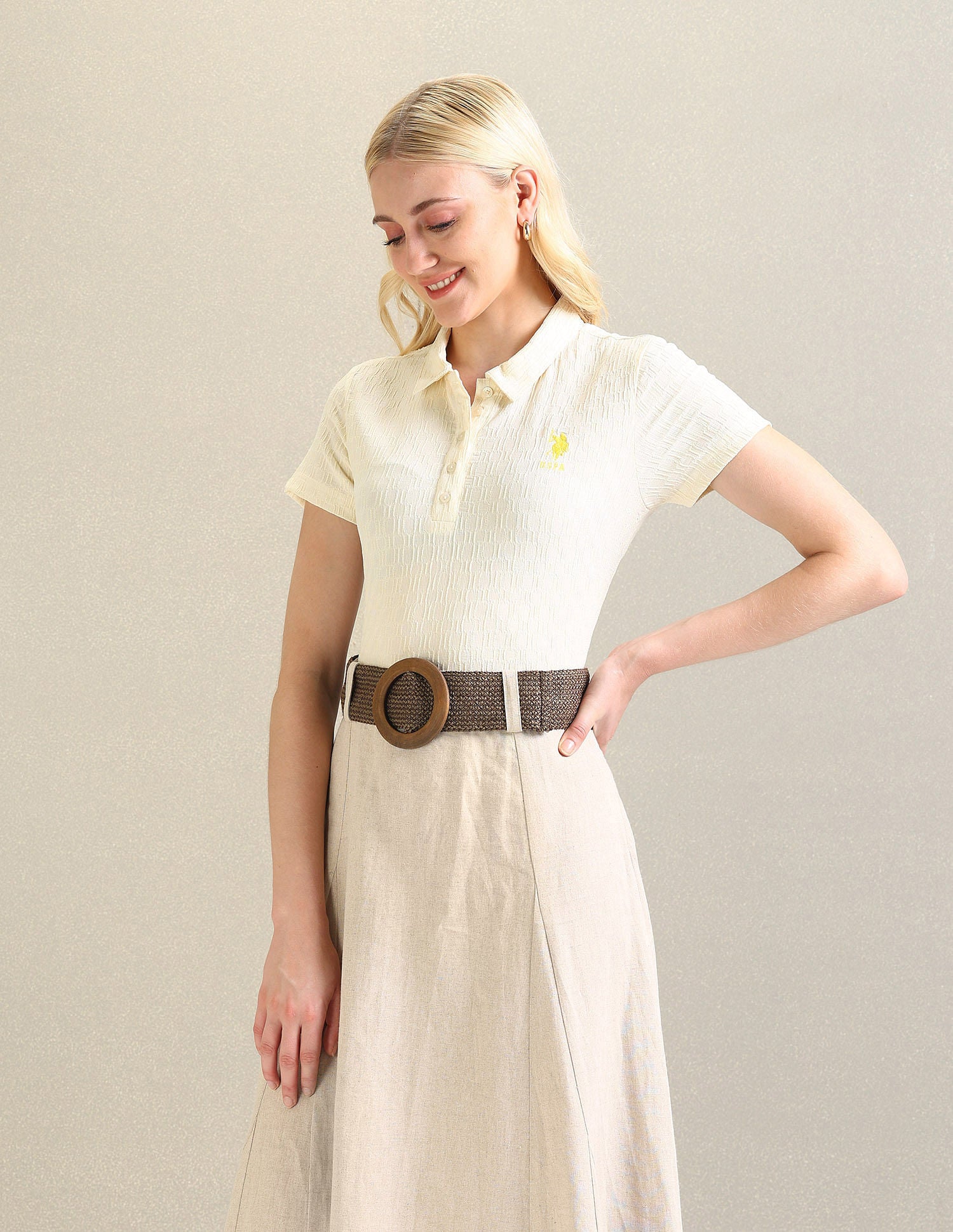 Ribbed Collar Textured Polo Shirt Cream - U.S. POLO ASSN. | Large