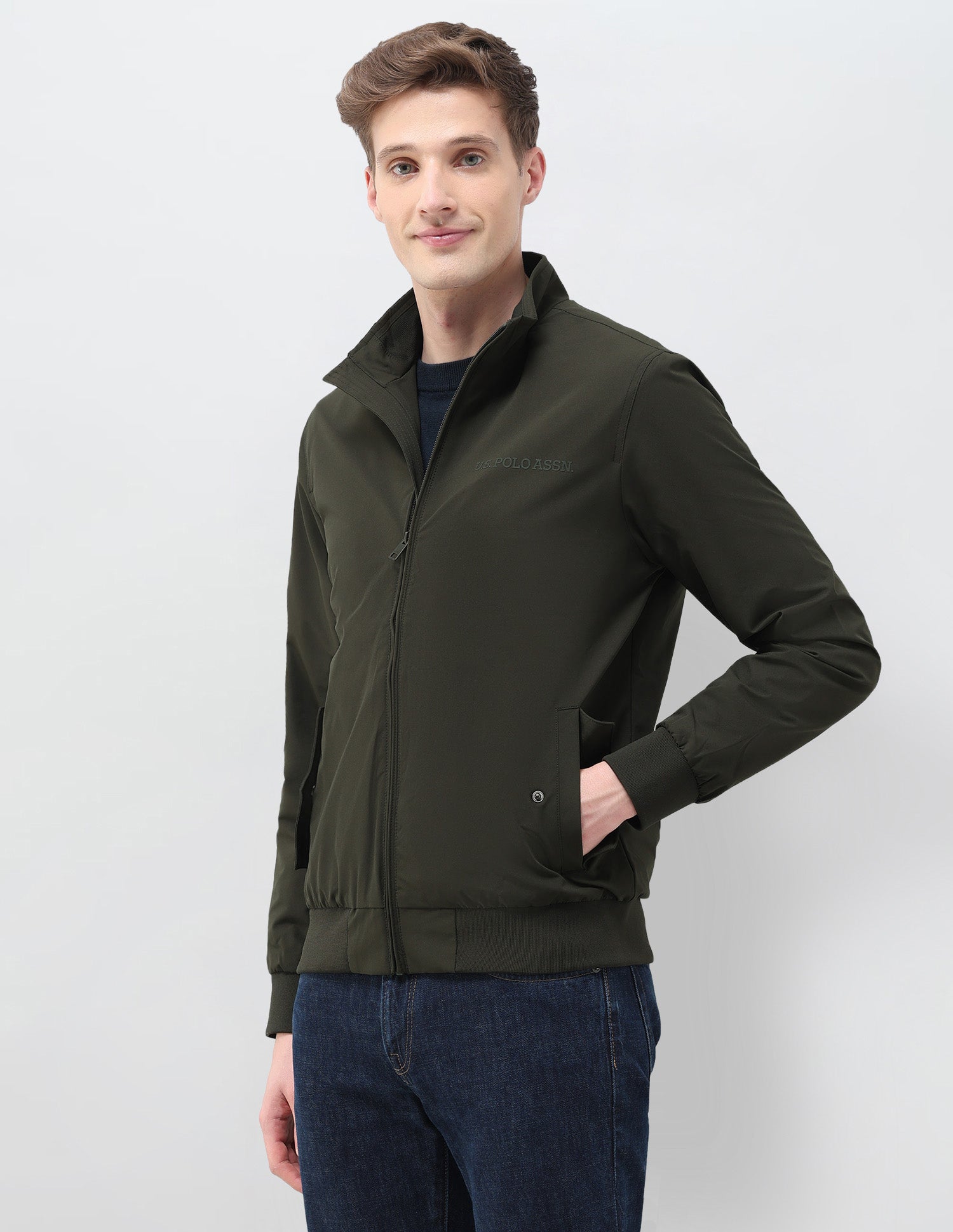 Regular Fit Solid Casual Jacket Dark Olive - U.S. Polo Assn. India | Large