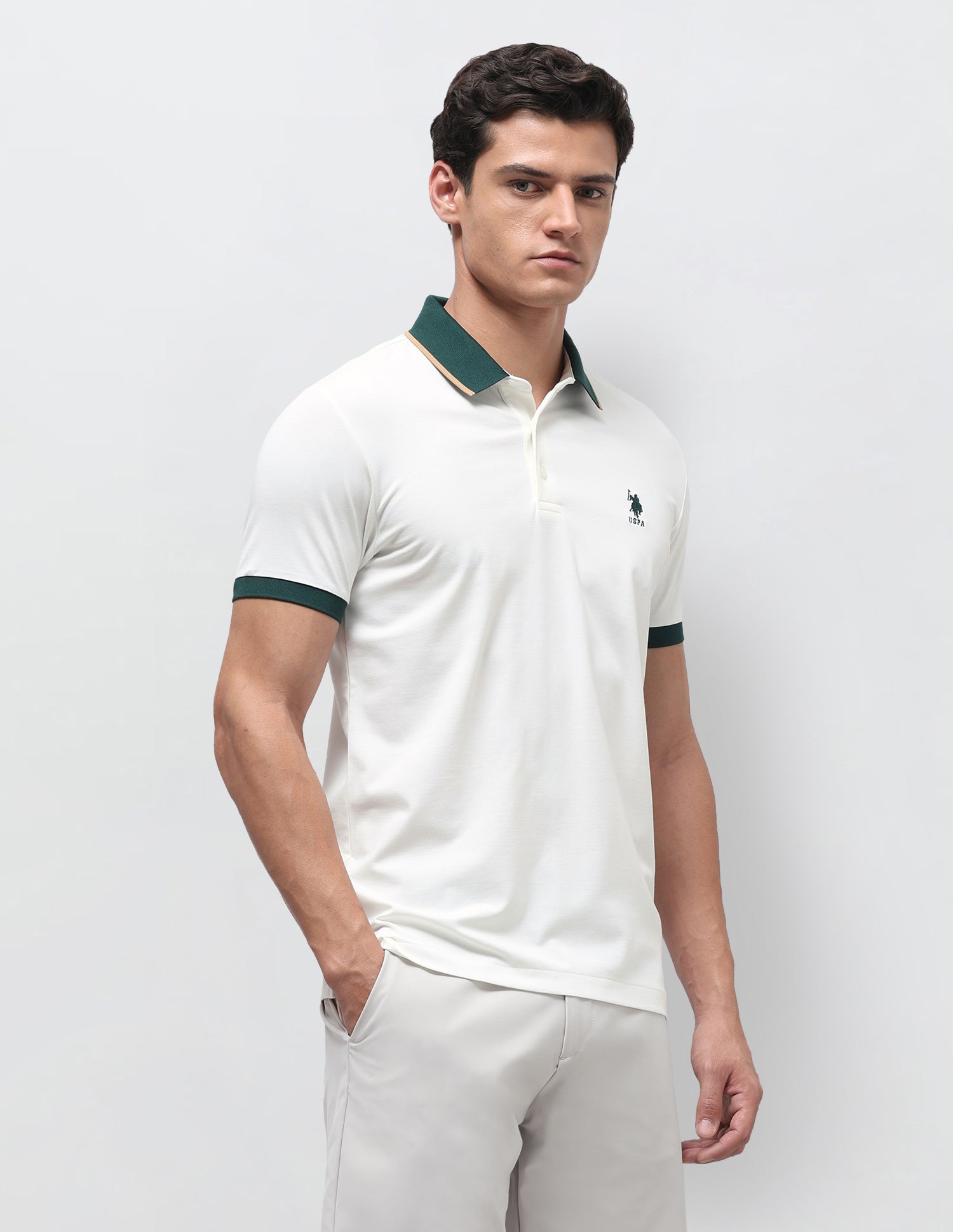 Solid Slim Fit Polo Shirt Off White - U.S. Polo Assn. India | Large