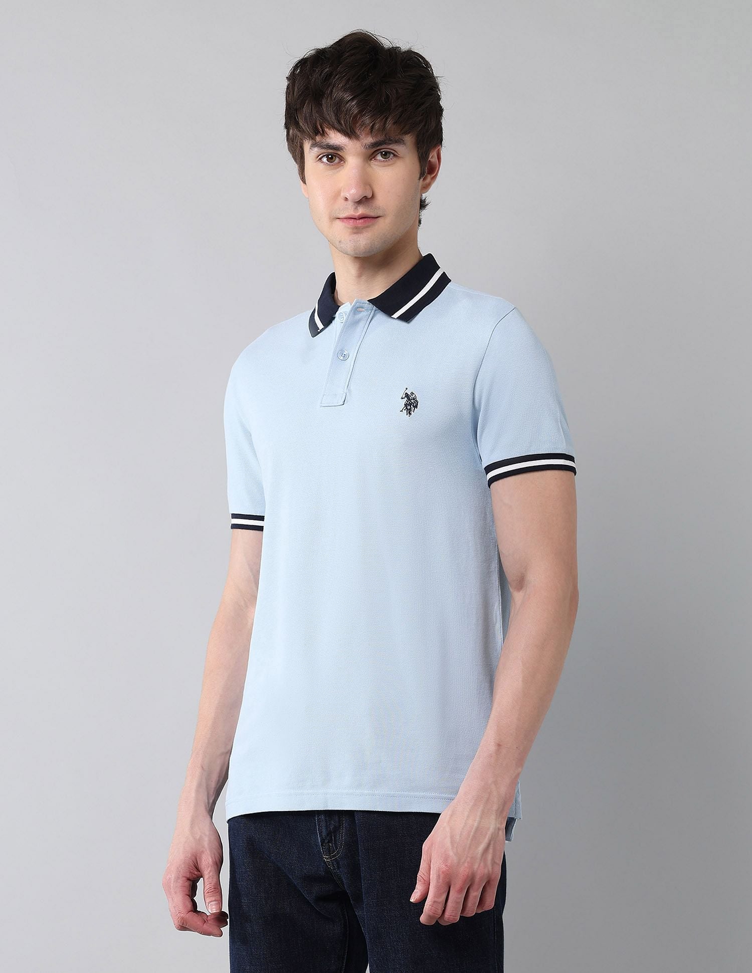 Pure Cotton Muscle Fit Polo Shirt Light Blue - U.S. Polo Assn. India | Large