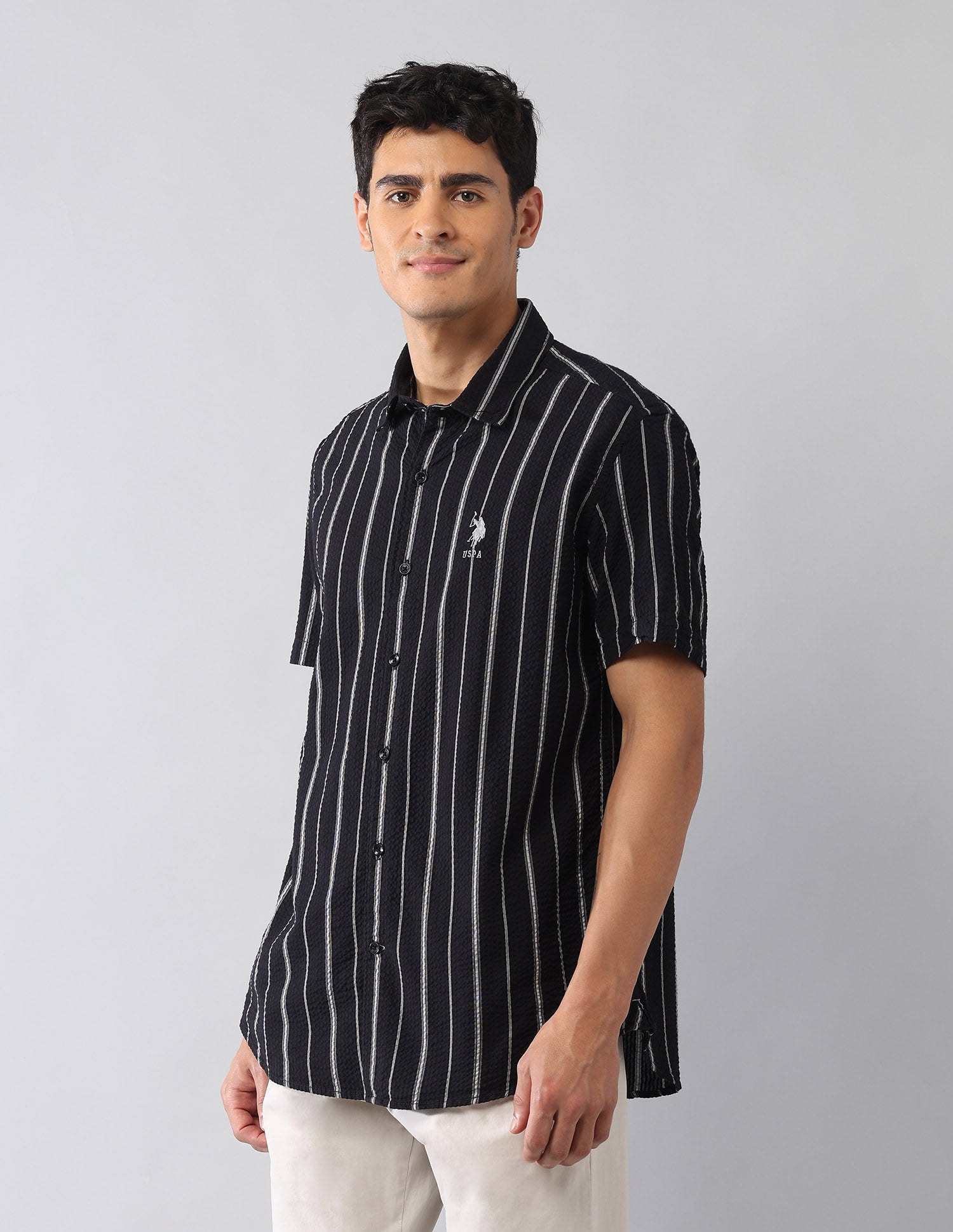 Vertical Striped Seersucker Regular Fit Shirt Black - U.S. Polo Assn. India | Large