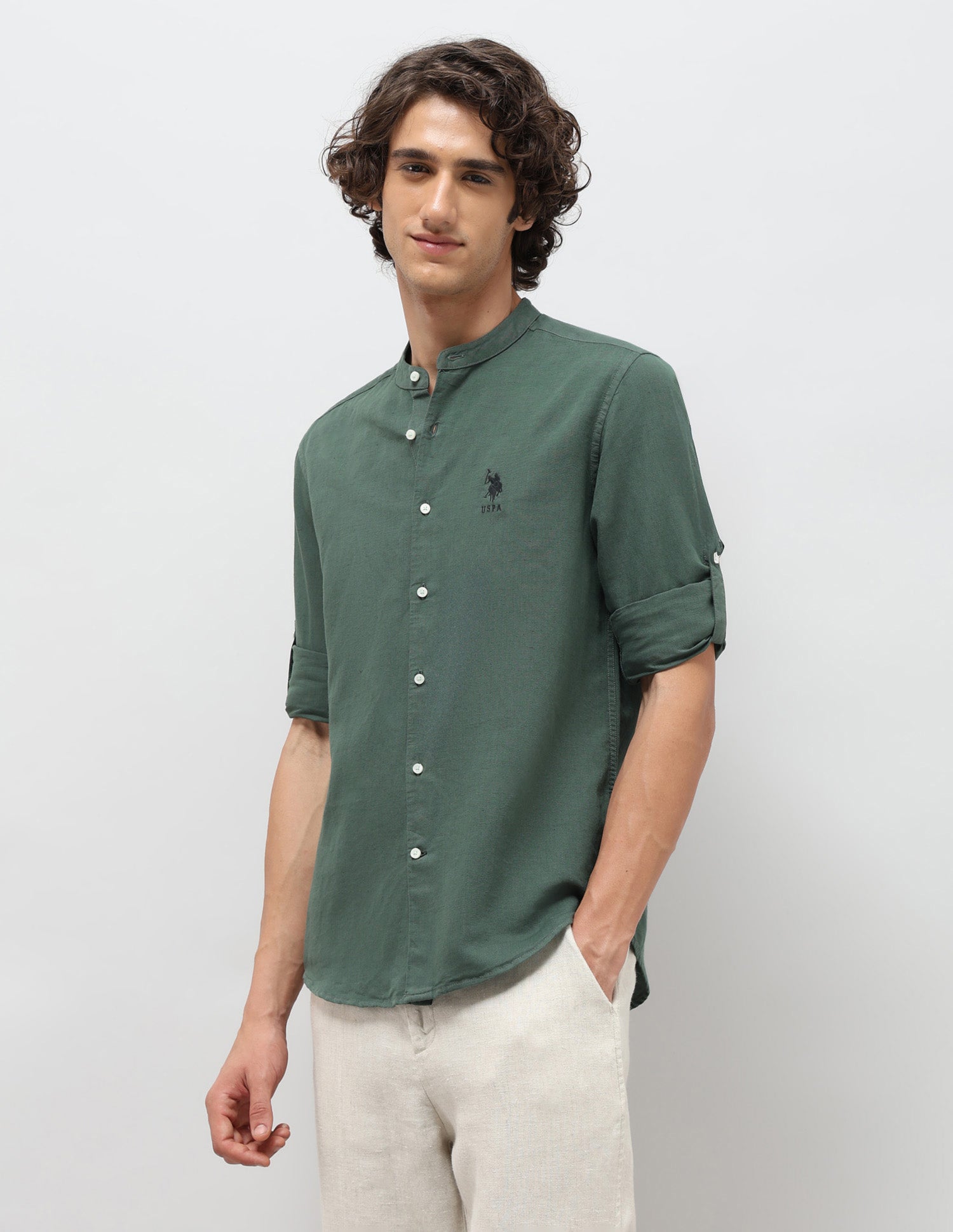 Solid Regular Fit Mandarin Shirt Green - U.S. POLO ASSN. | Large