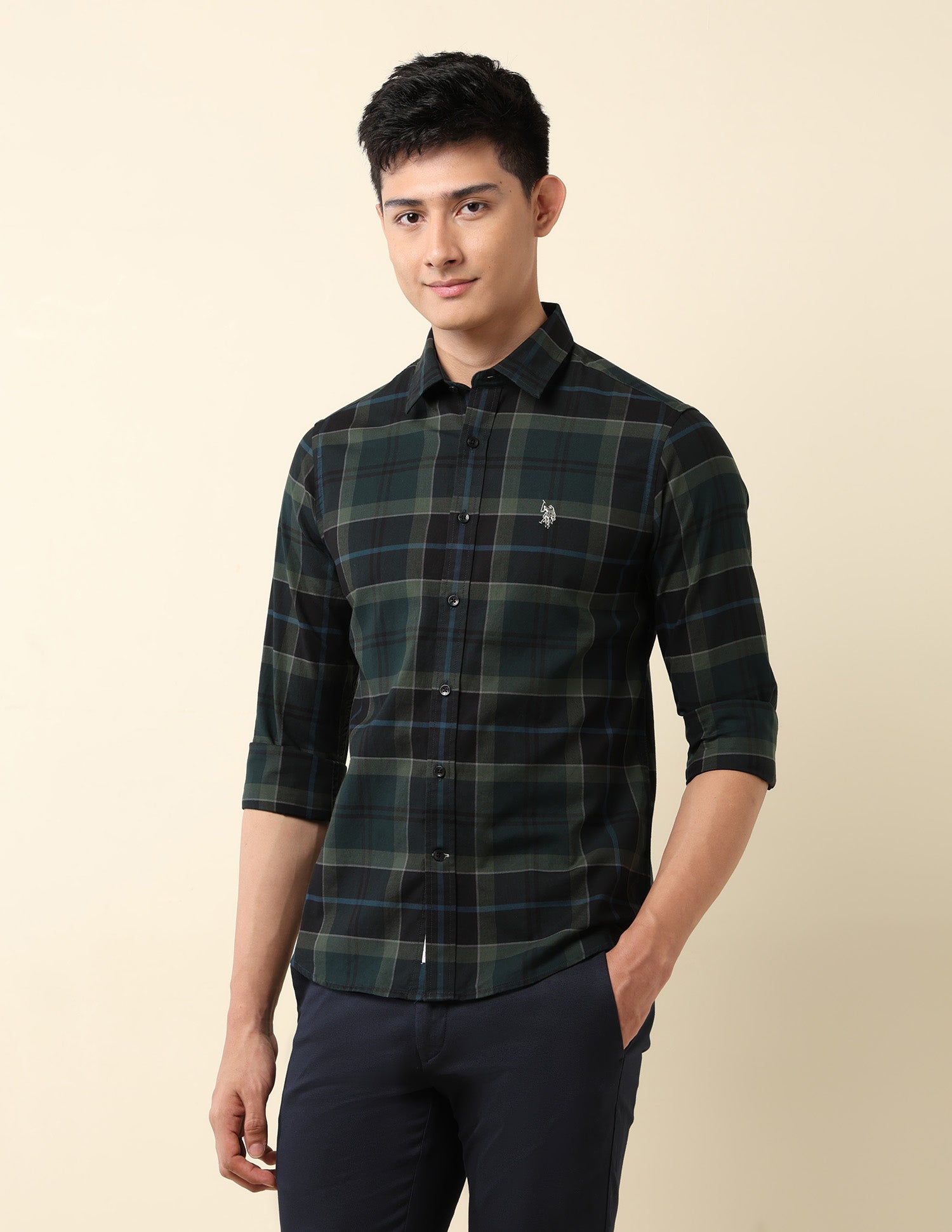 Pure Cotton Tailored Fit Dobby Shirt Dark Green - U.S. Polo Assn. India | Large