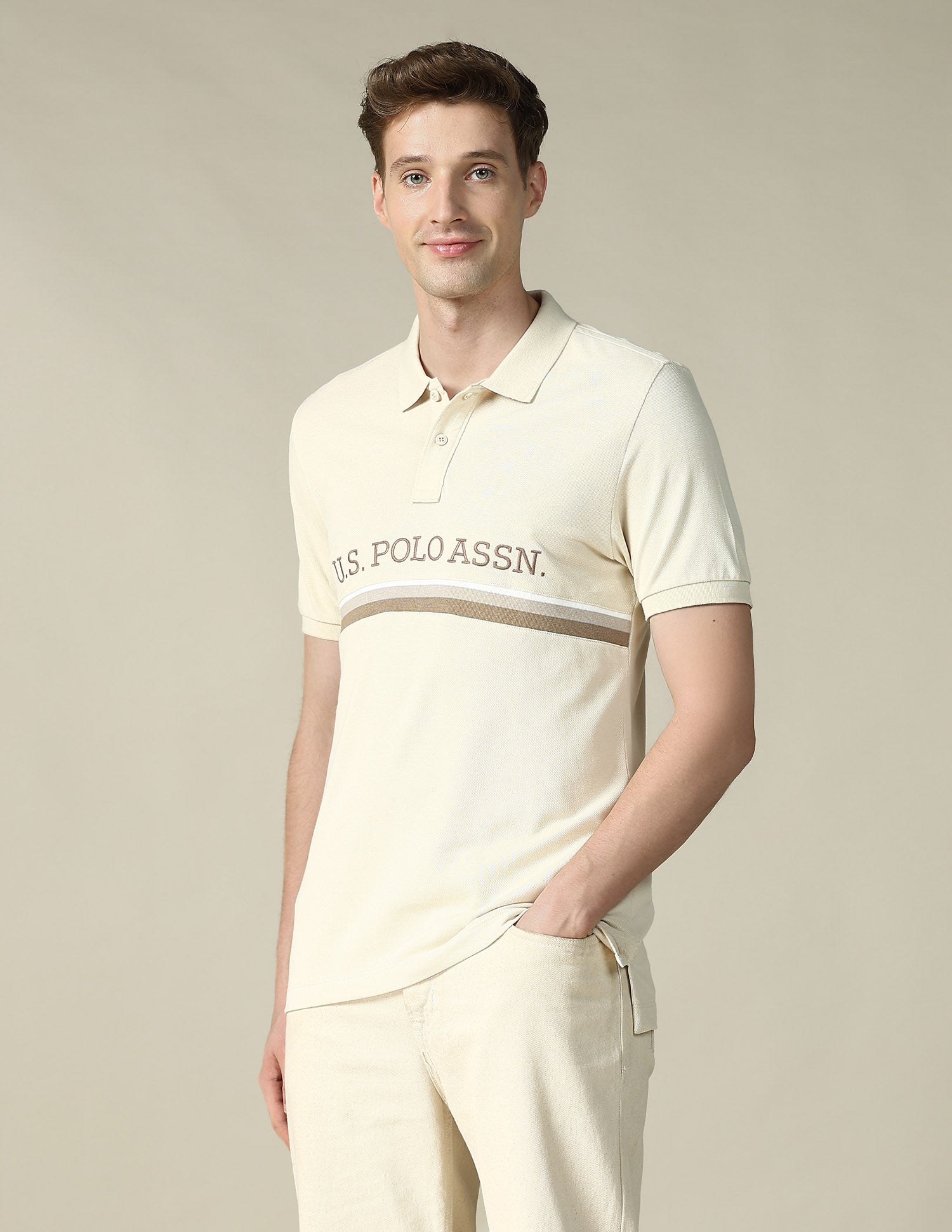 Cut & Sew Brand Embroidered Regular Fit Polo Shirt Cream - U.S. POLO ASSN. | Large