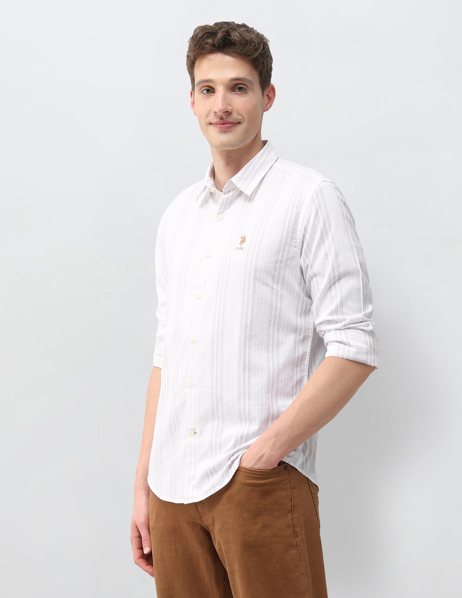 Vertical Striped Dobby Shirt Light Brown - U.S. Polo Assn. India | Large