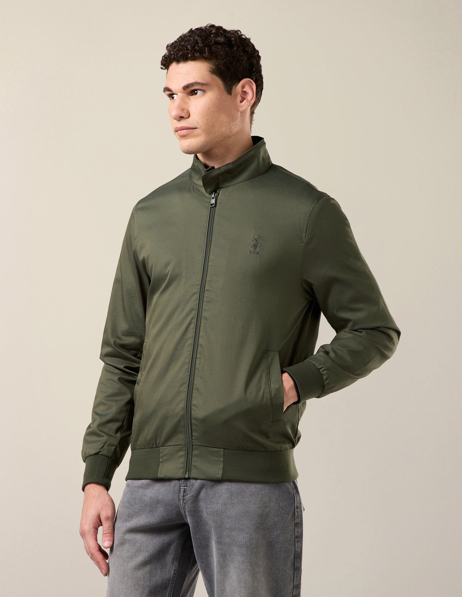 Solid Regular Fit Bomber Jacket Olive - U.S. Polo Assn. India | Large