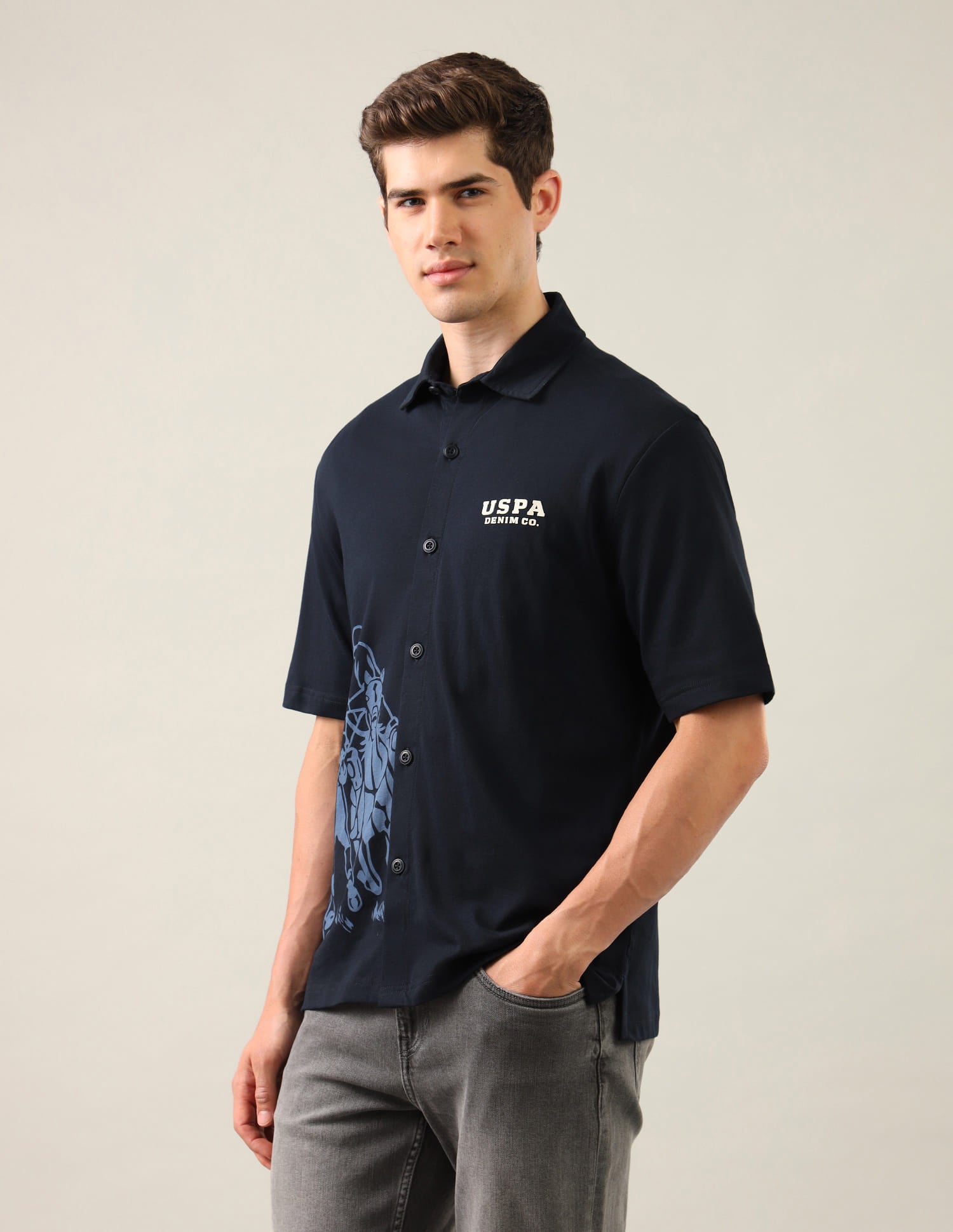 Graphic Brand Printed Knitted Shirt Blue - U.S. Polo Assn. India | Large