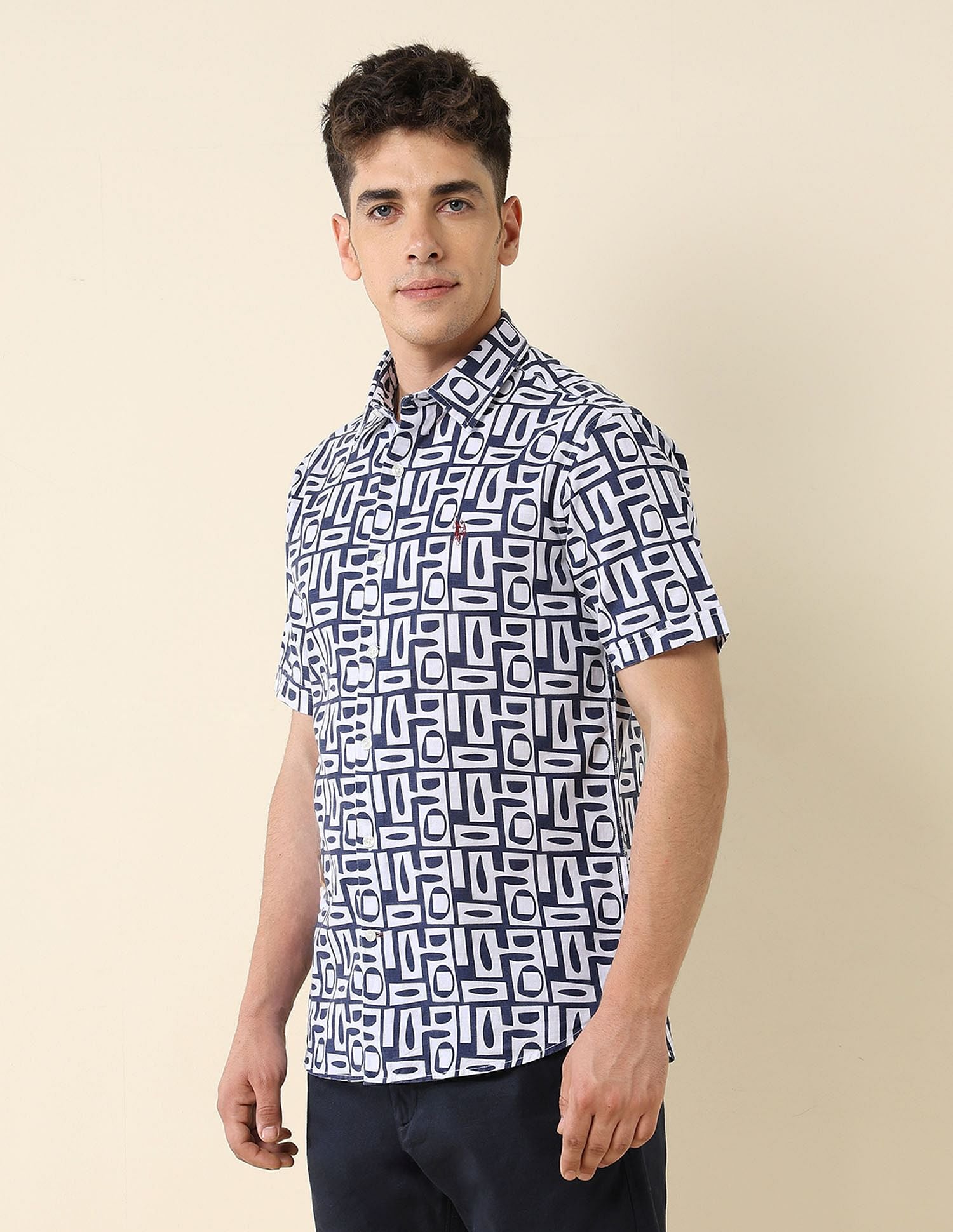 All-Over Printed Cotton Slub Shirt Navy - U.S. Polo Assn. India | Large