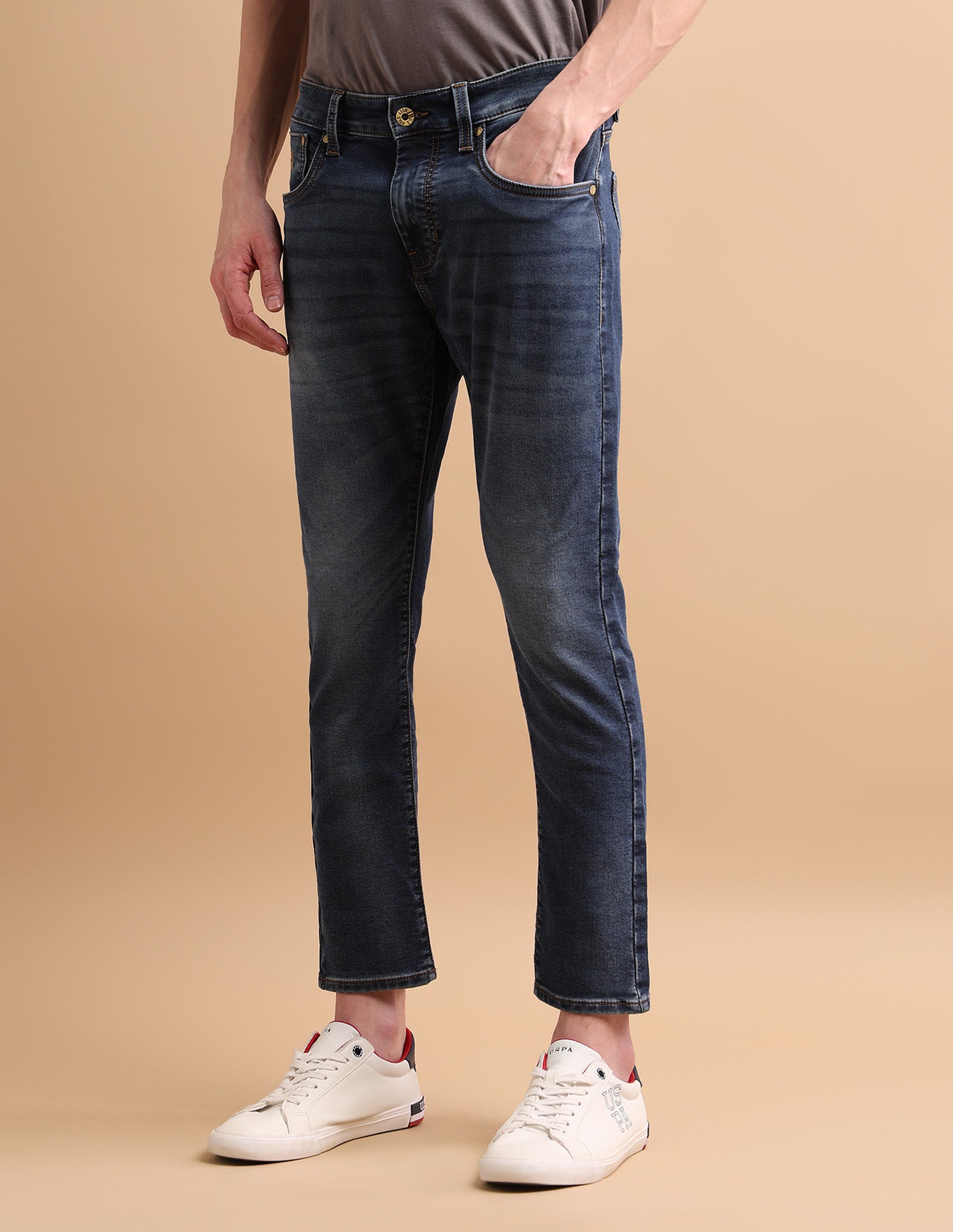 Cole Comfort Cropped Fit Blue Ultra Soft Jeans Mid Wash - U.S. Polo Assn. India | Large