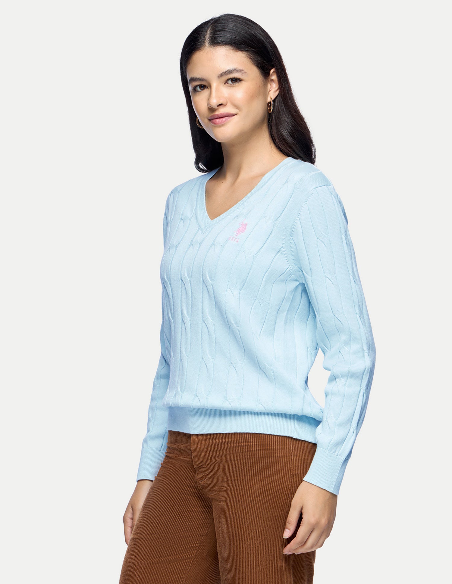 Cable Patterned Knit Regular Fit Sweater Light Blue - U.S. Polo Assn. India | Large