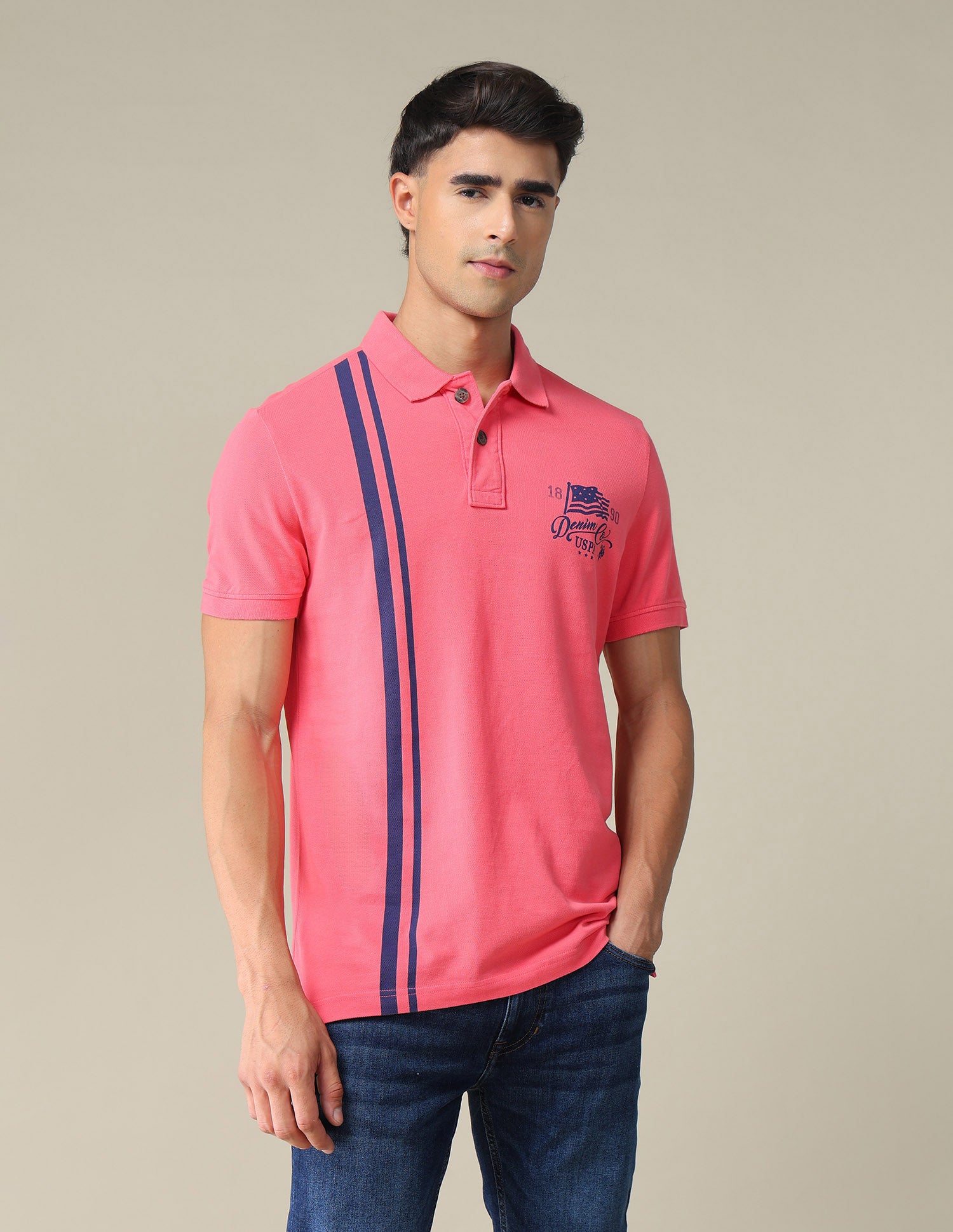 Vertical Striped Cotton Polo Shirt Pink - U.S. POLO ASSN. | Large