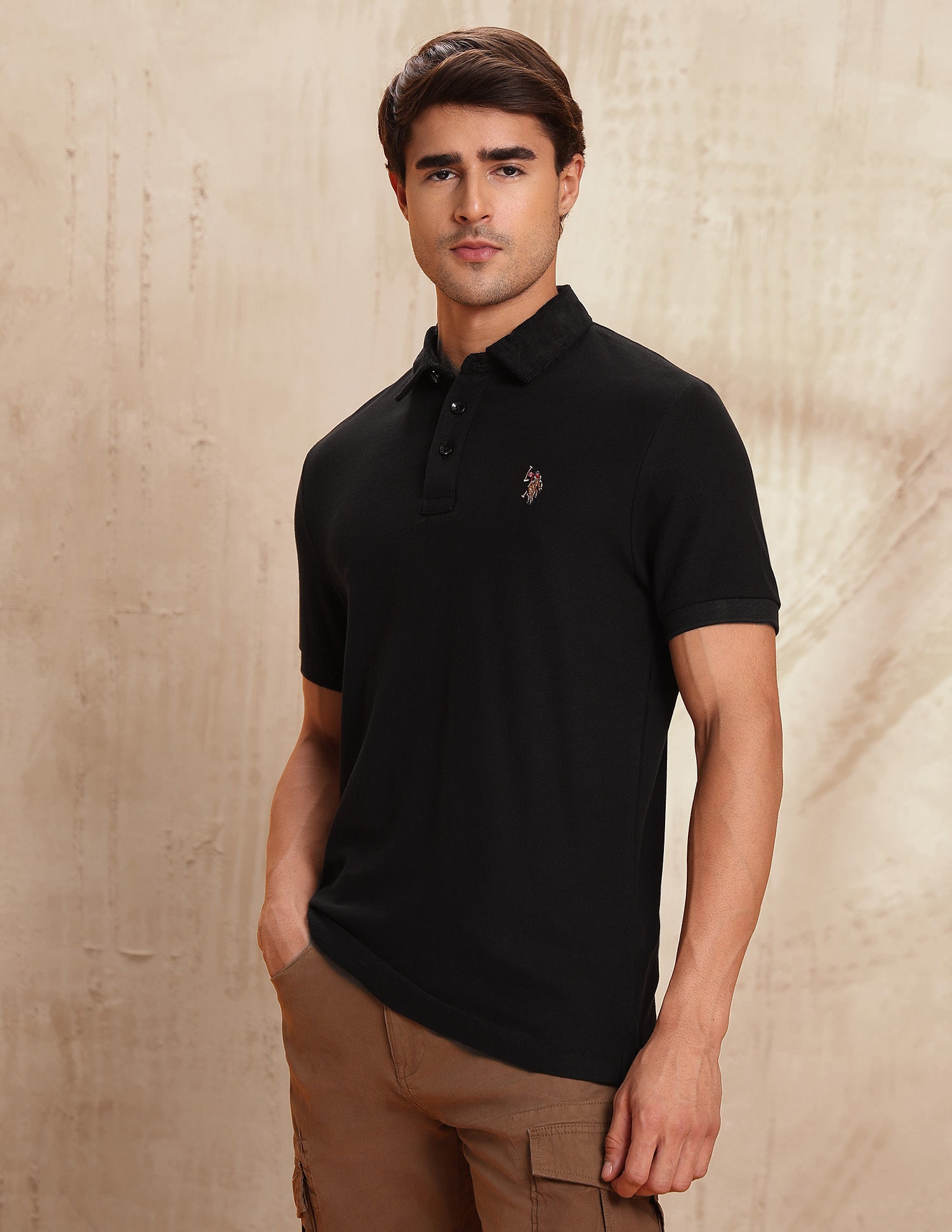 Textured Pure Cotton Polo Shirt Black - U.S. POLO ASSN. | Large