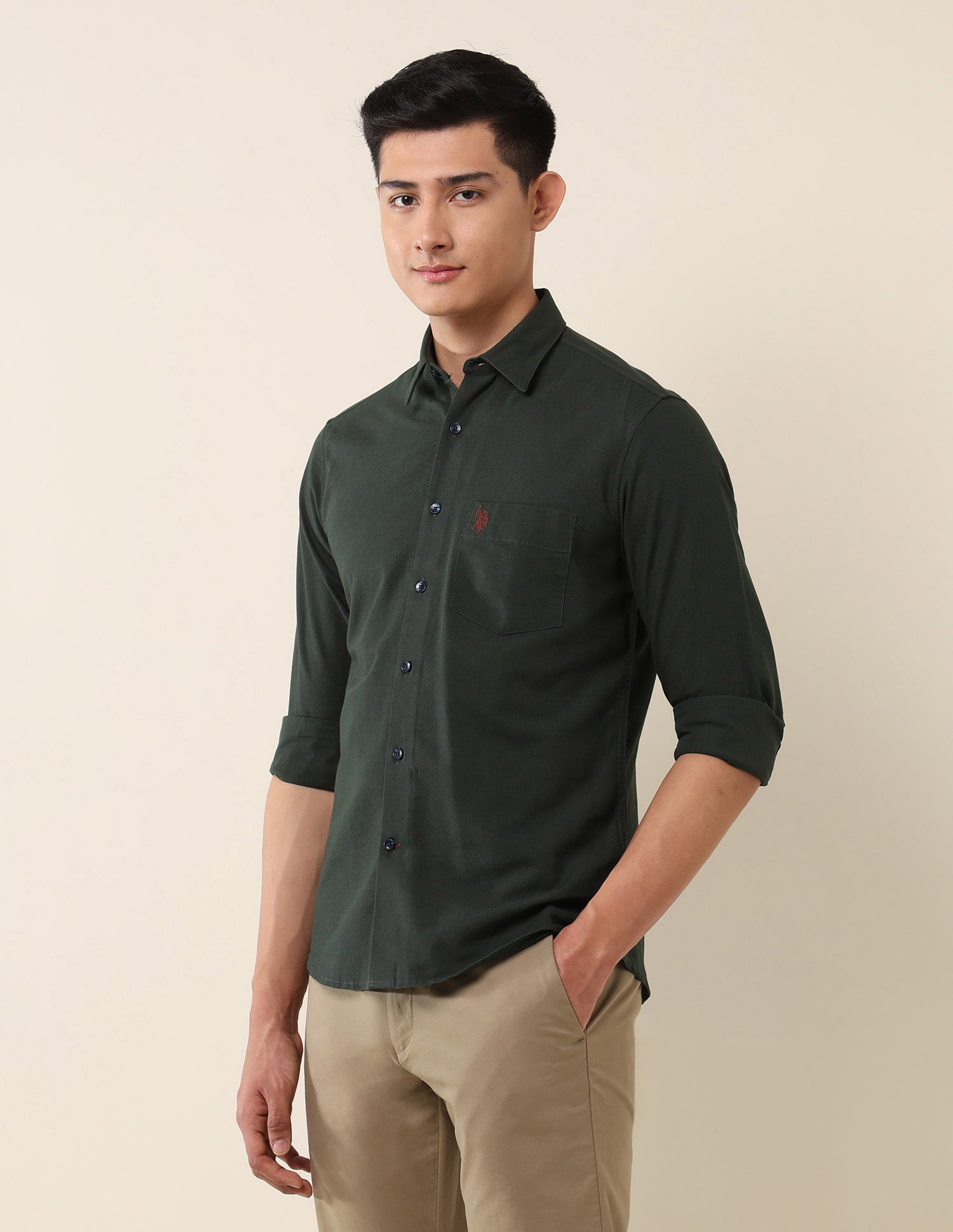 Tailored Fit Twill Shirt Dark Olive - U.S. Polo Assn. India | Large