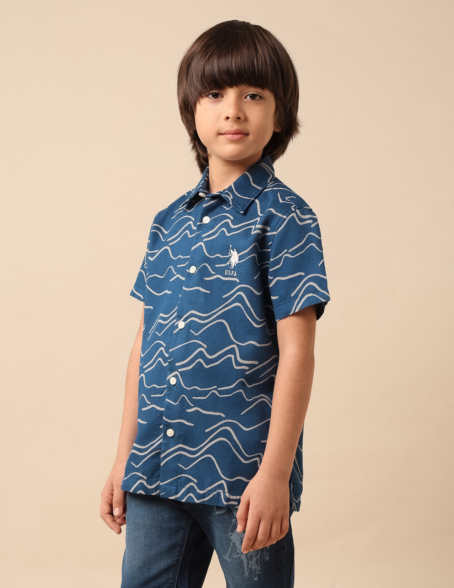 Boys Abstract Printed Pure Cotton Shirt Blue - U.S. POLO ASSN. | Large