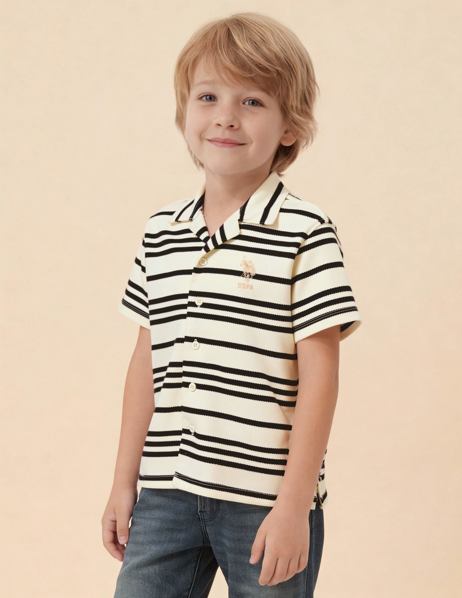 Boys Striped Patterned Knit Boxy Fit Shirt White - U.S. Polo Assn. India | Large