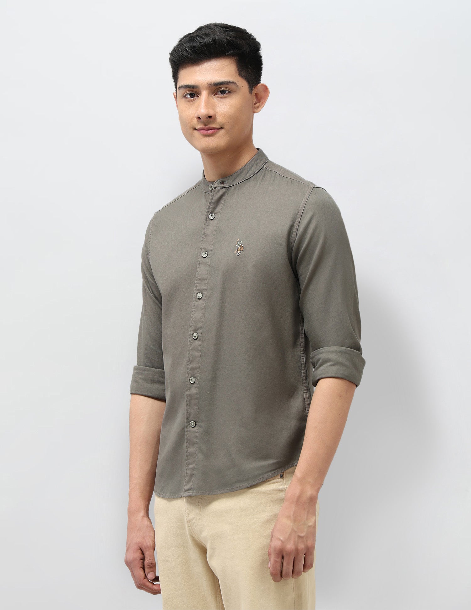 Twill Pure Cotton Mandarin Shirt Light Olive - U.S. POLO ASSN. | Large