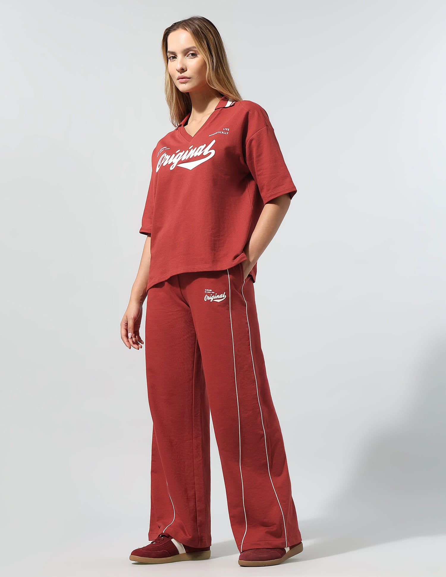 Polo Collar T-Shirt With Wide Leg Pants Red - U.S. Polo Assn. India | Large