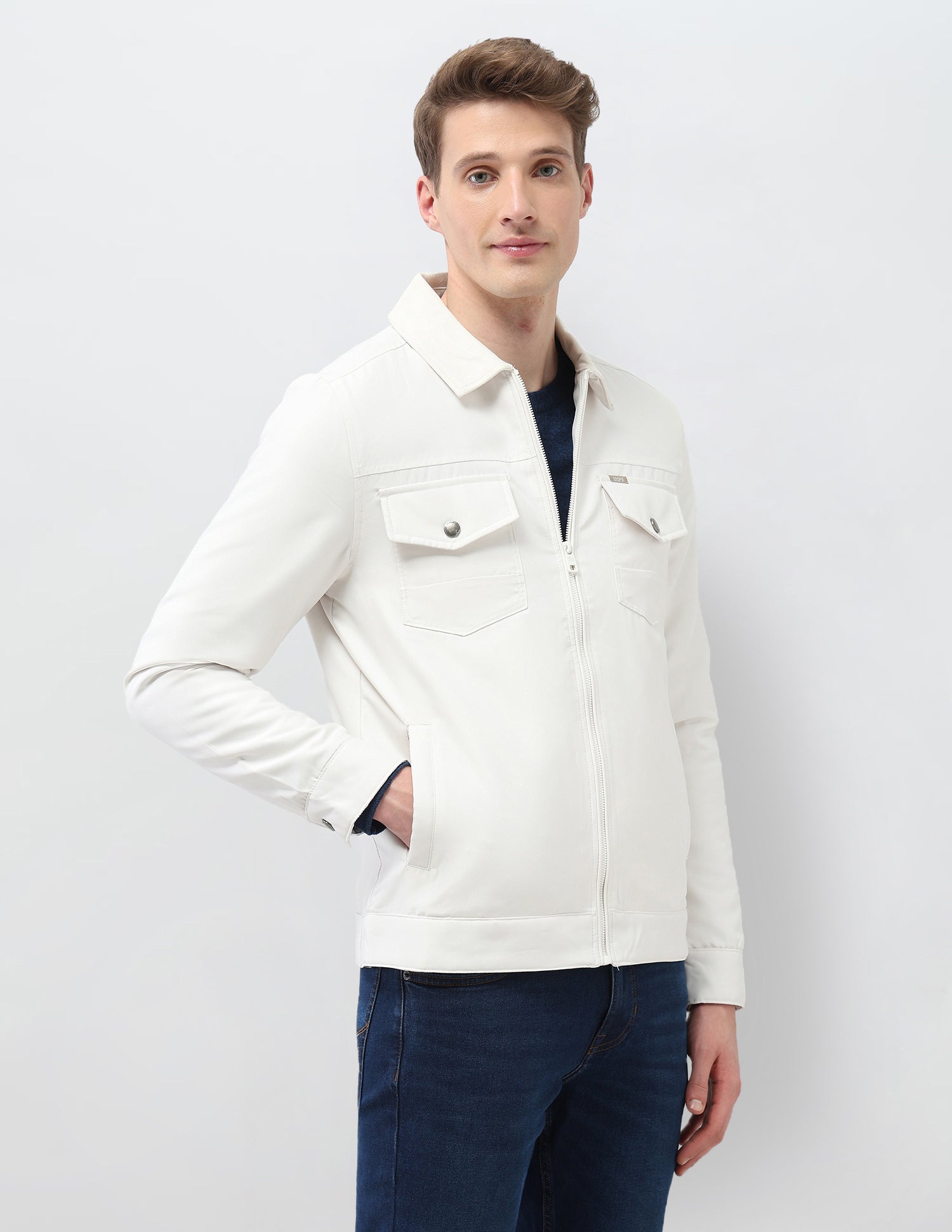 Solid Regular Fit Jacket Off White - U.S. Polo Assn. India | Large