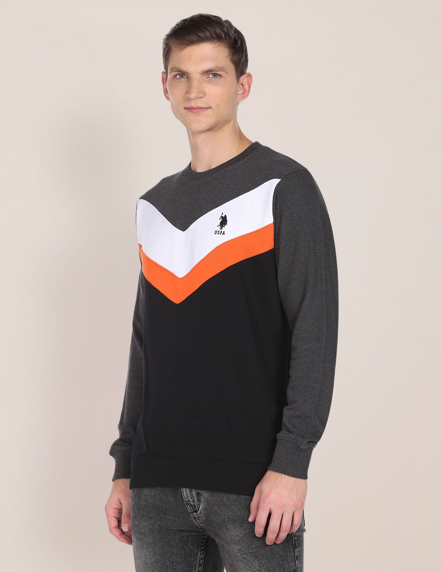 Crew Neck Colour Block Sweatshirt Grey and Black - U.S. POLO ASSN. | Large