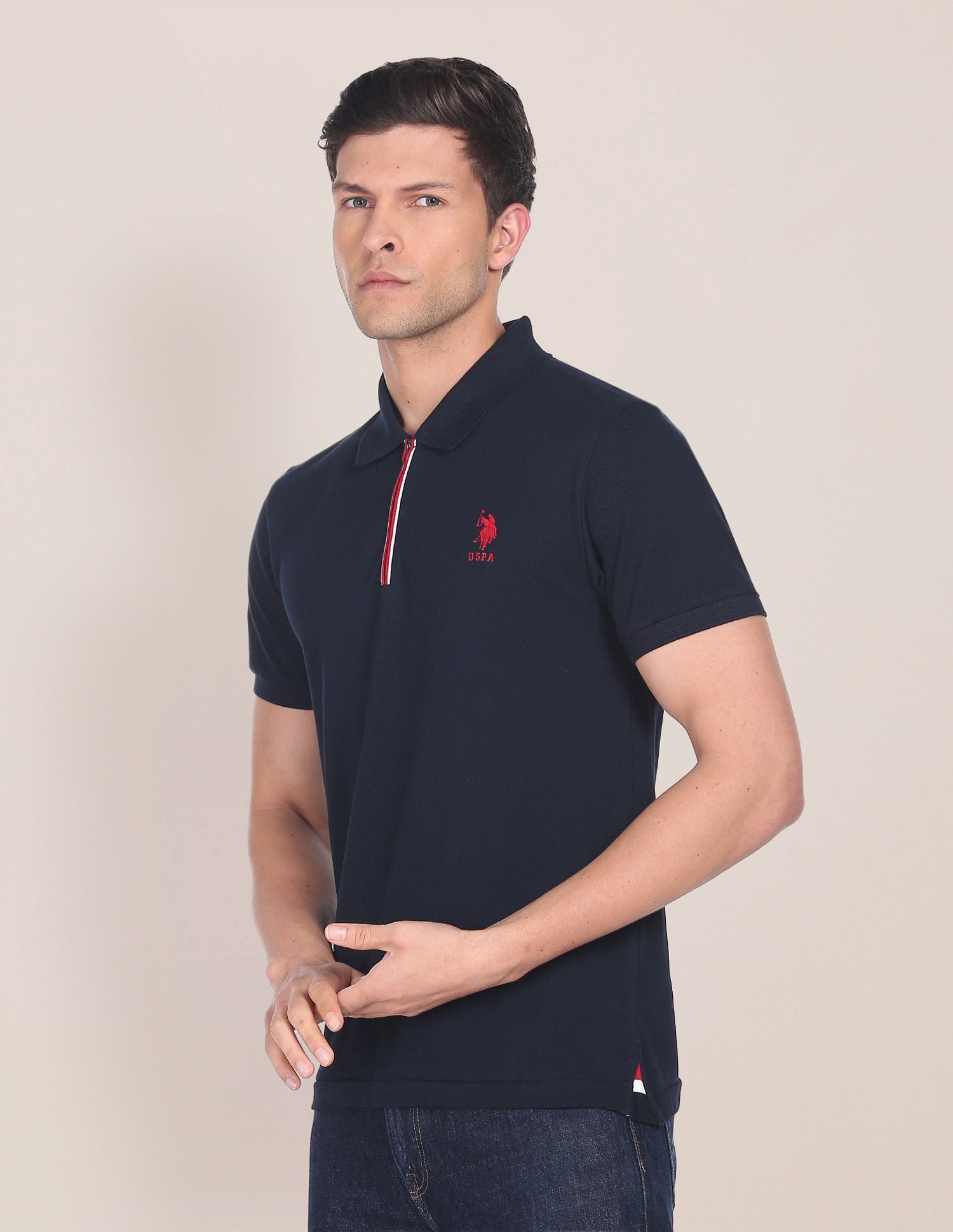 Zipper Cotton Polo Shirt Navy - U.S. Polo Assn. India | Large