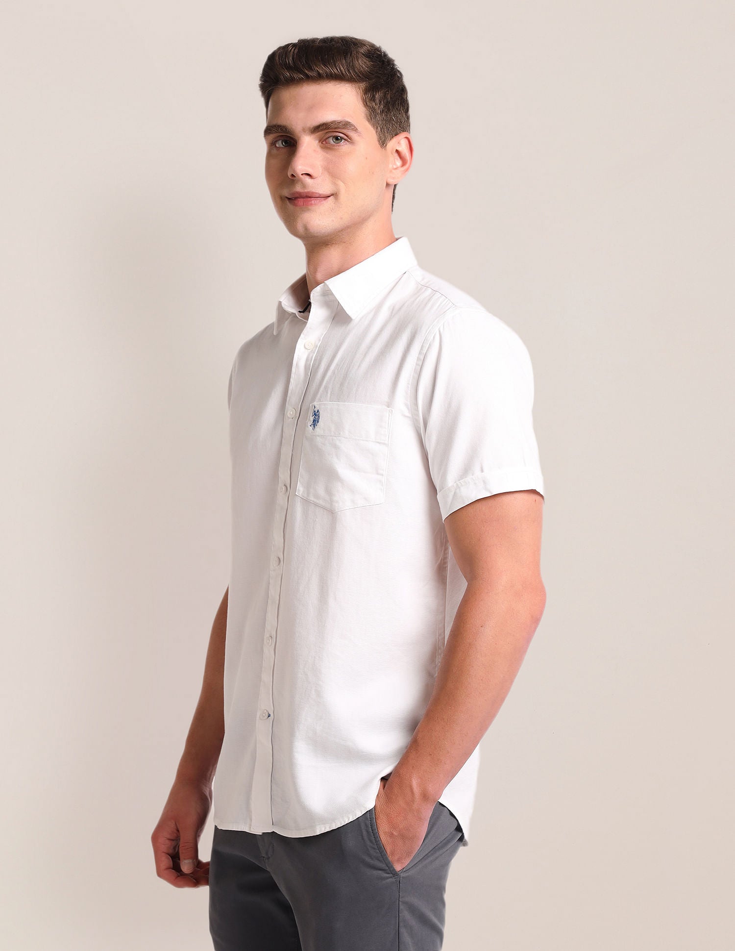 Tailored Regular Fit Solid Shirt White - U.S. Polo Assn. India | Large