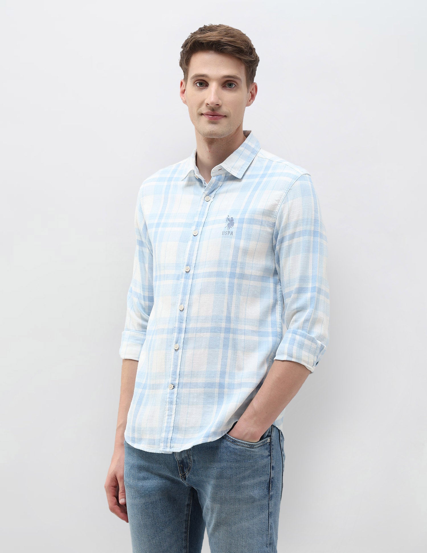 Tartan Checked Slim Fit Shirt Light Blue - U.S. Polo Assn. India | Large