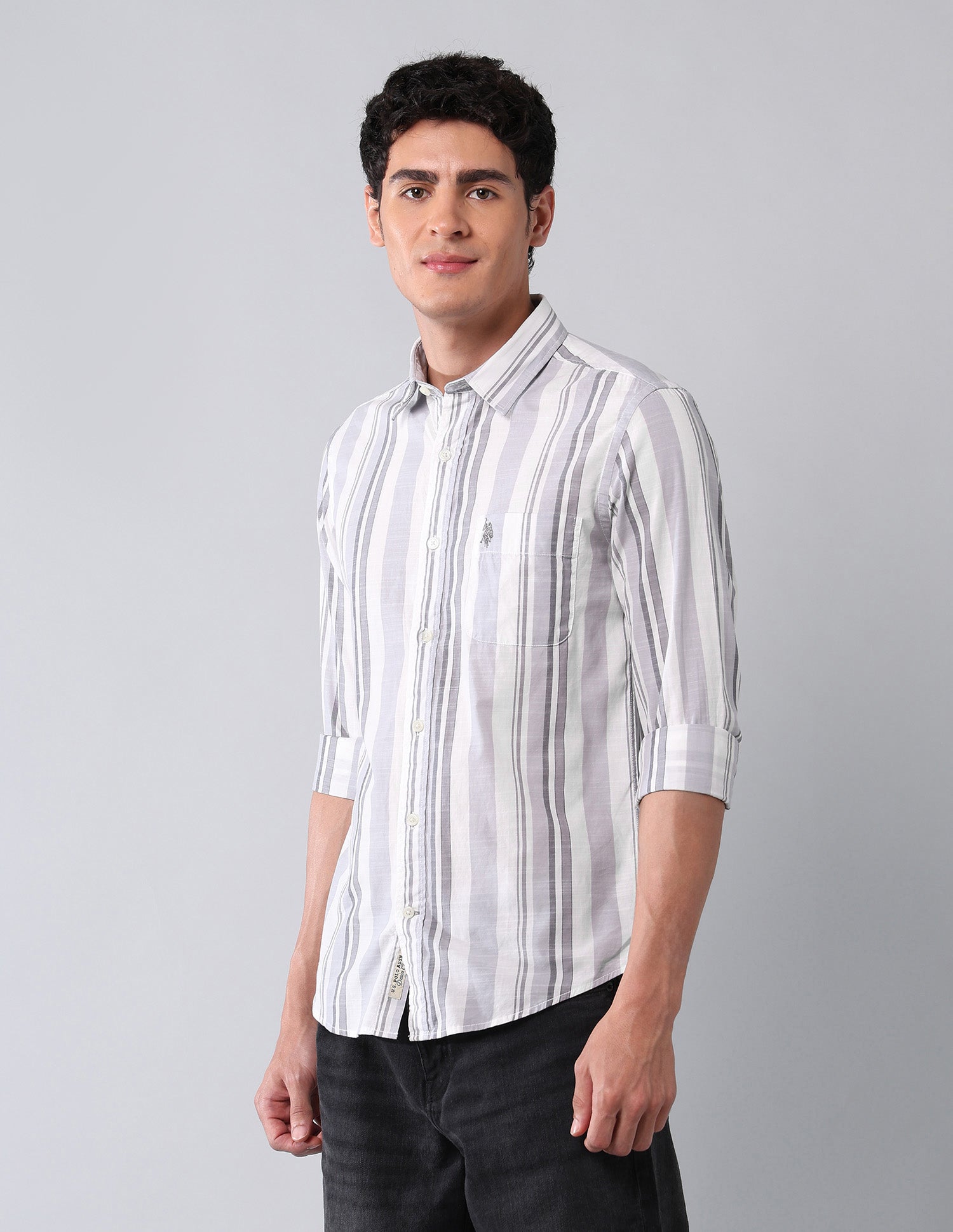 Vertical Striped Pure Cotton Shirt Grey - U.S. Polo Assn. India | Large