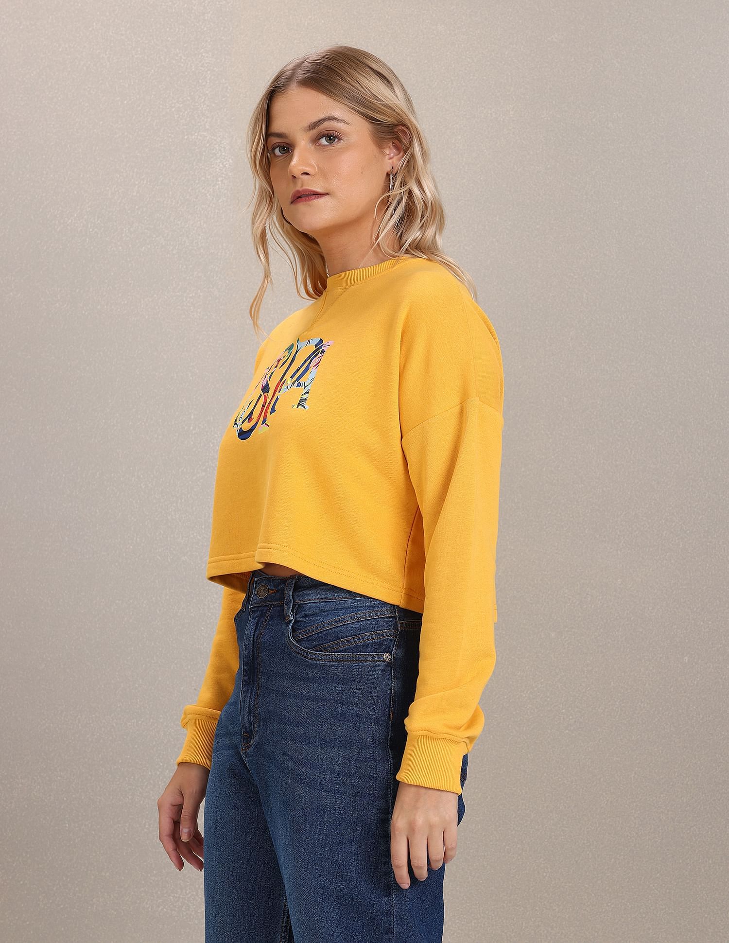 Crew Neck Brand Print Cropped Sweatshirt Mustard - U.S. Polo Assn. India | Large