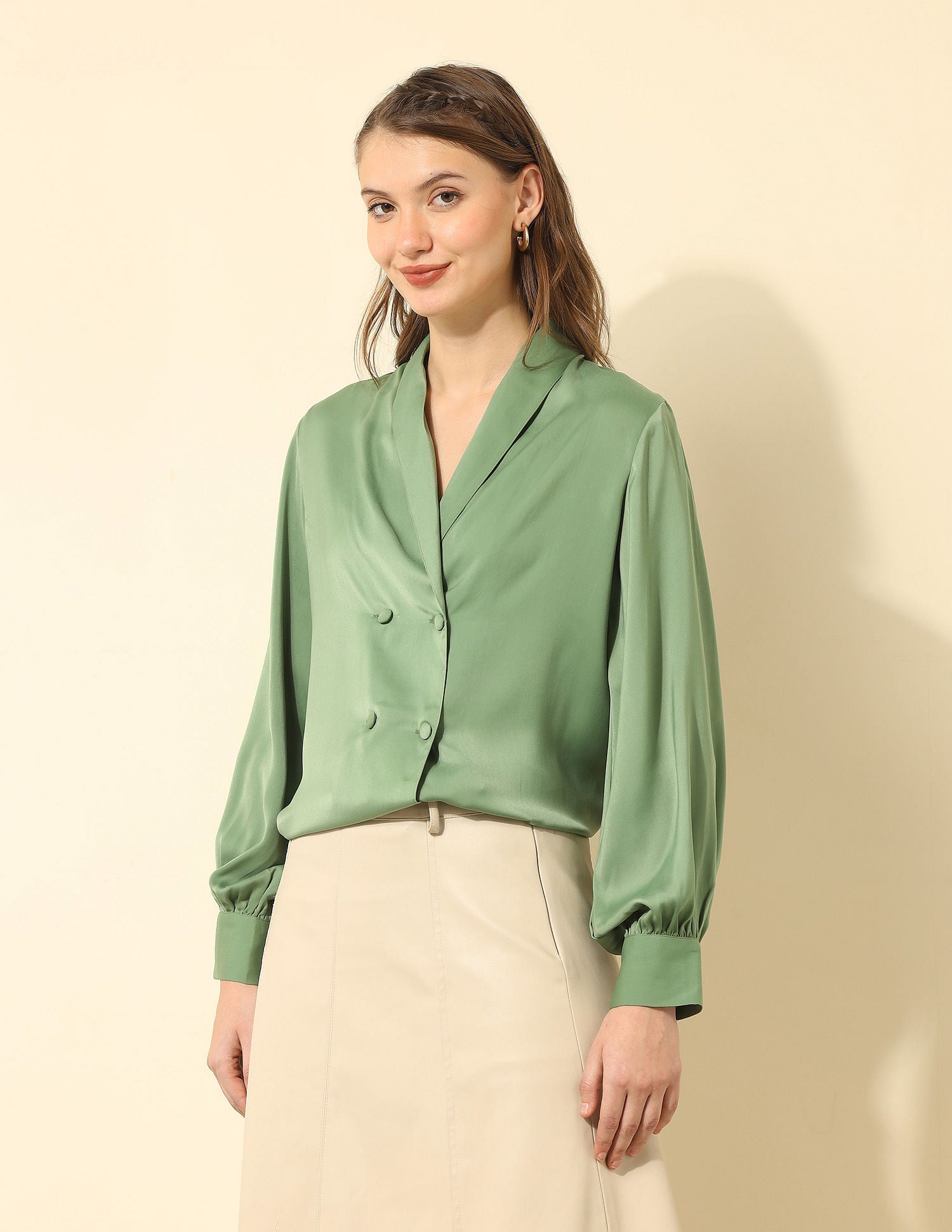 Double-Breated Satin Shirt Olive - U.S. POLO ASSN. | Large