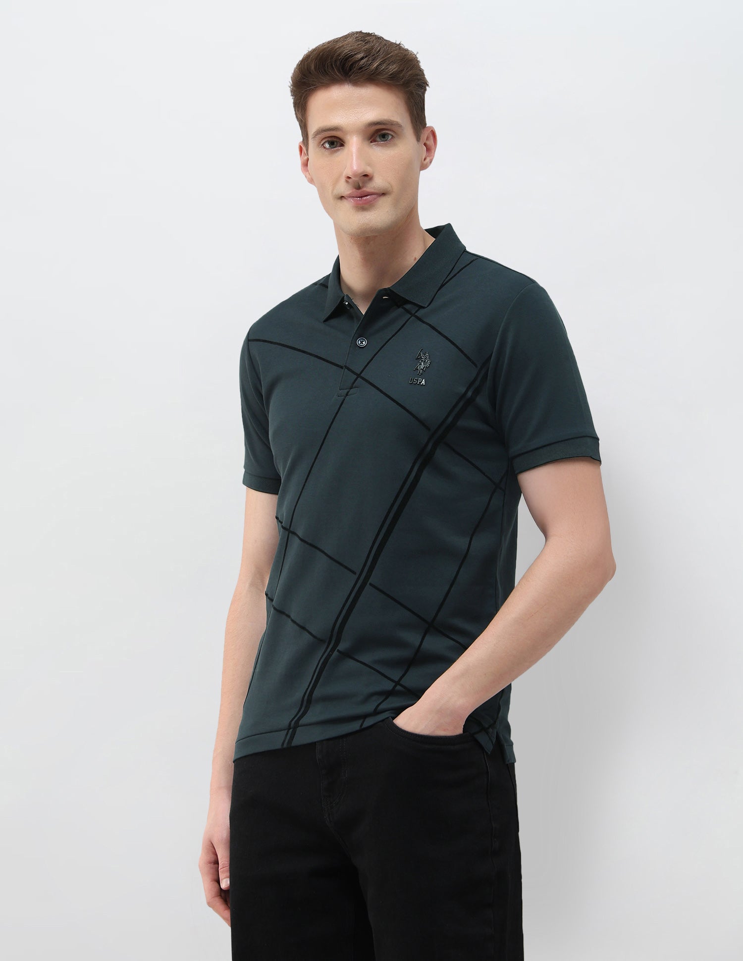 Geometric Printed Black & Gold Polo Shirt Teal - U.S. Polo Assn. India | Large
