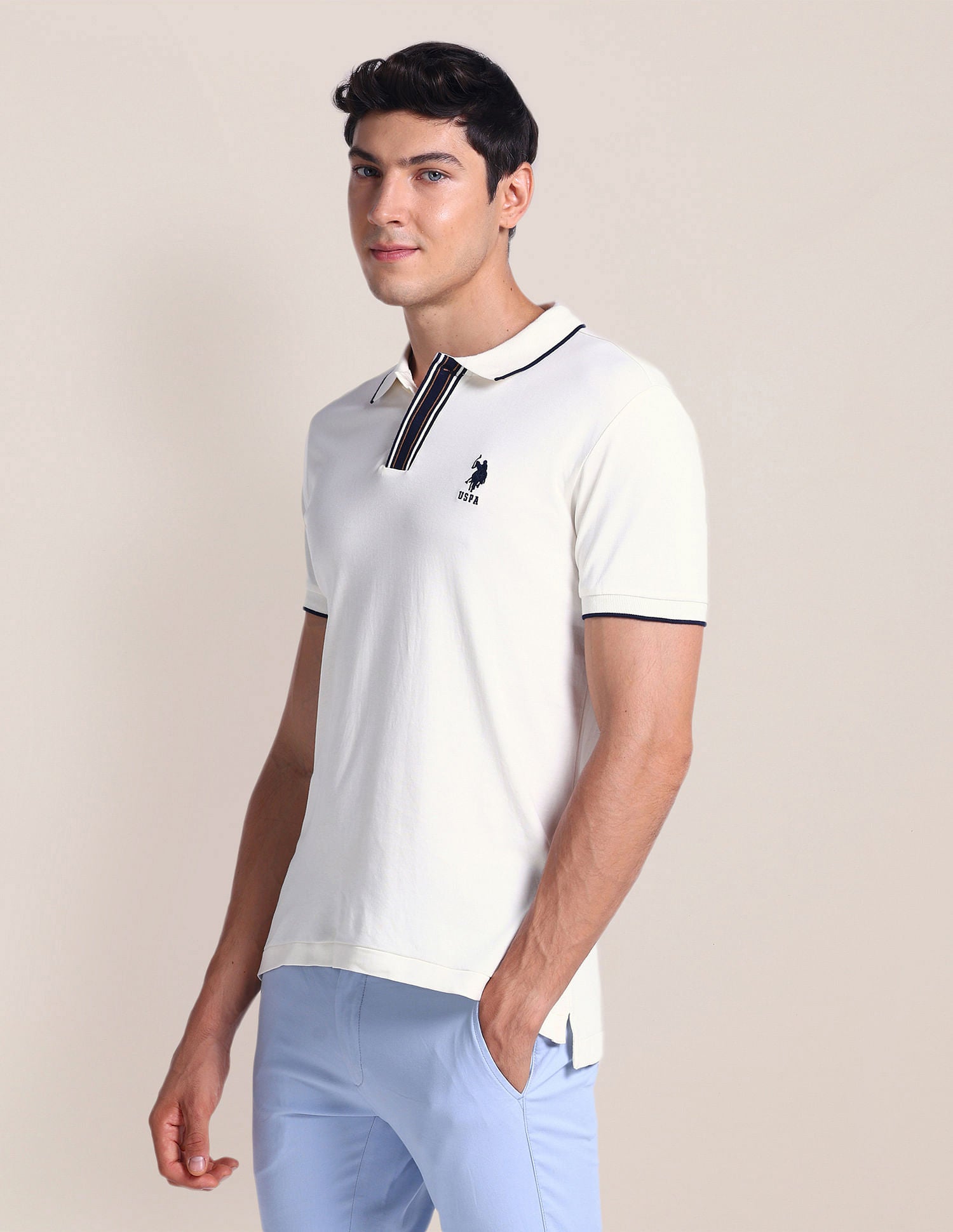 Stripe Placket Slim Polo Shirt Off White - U.S. Polo Assn. India | Large