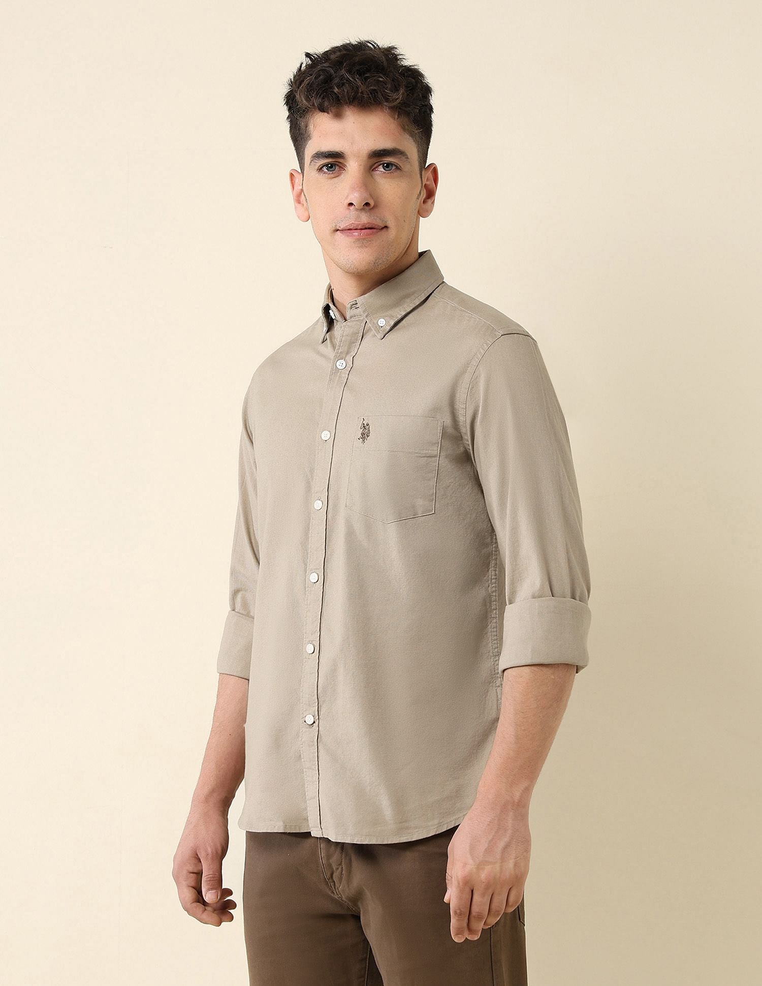 Oxford Stretch Button Down Shirt Light Khaki - U.S. Polo Assn. India | Large