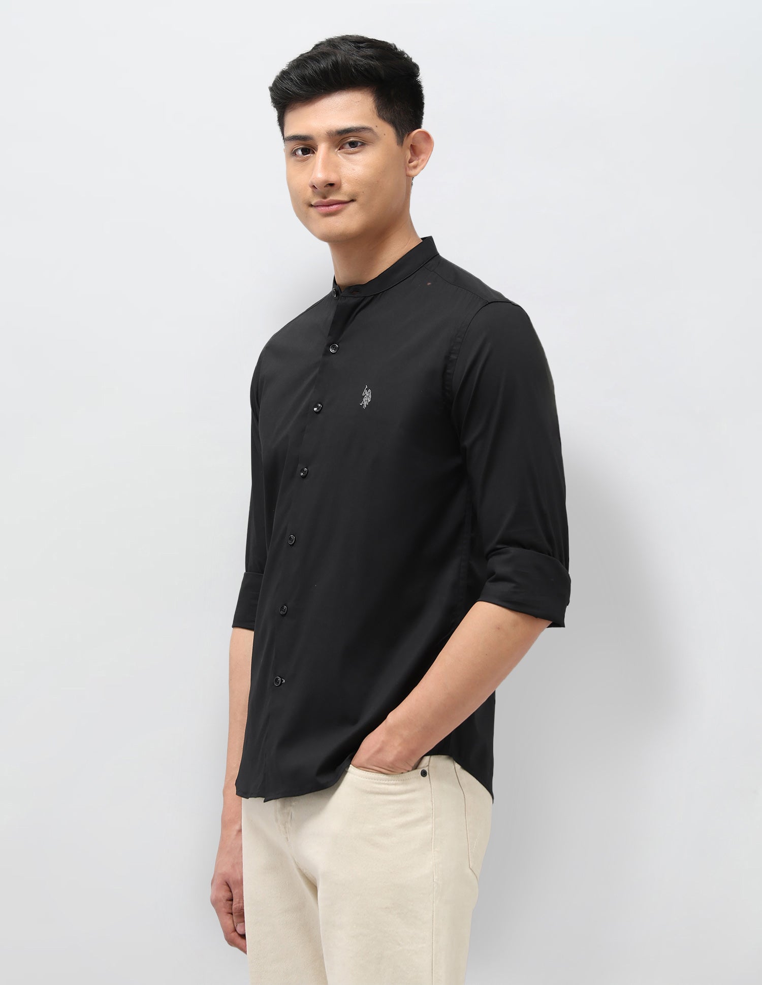 Solid Regular Fit Mandarin Shirt Black - U.S. POLO ASSN. | Large