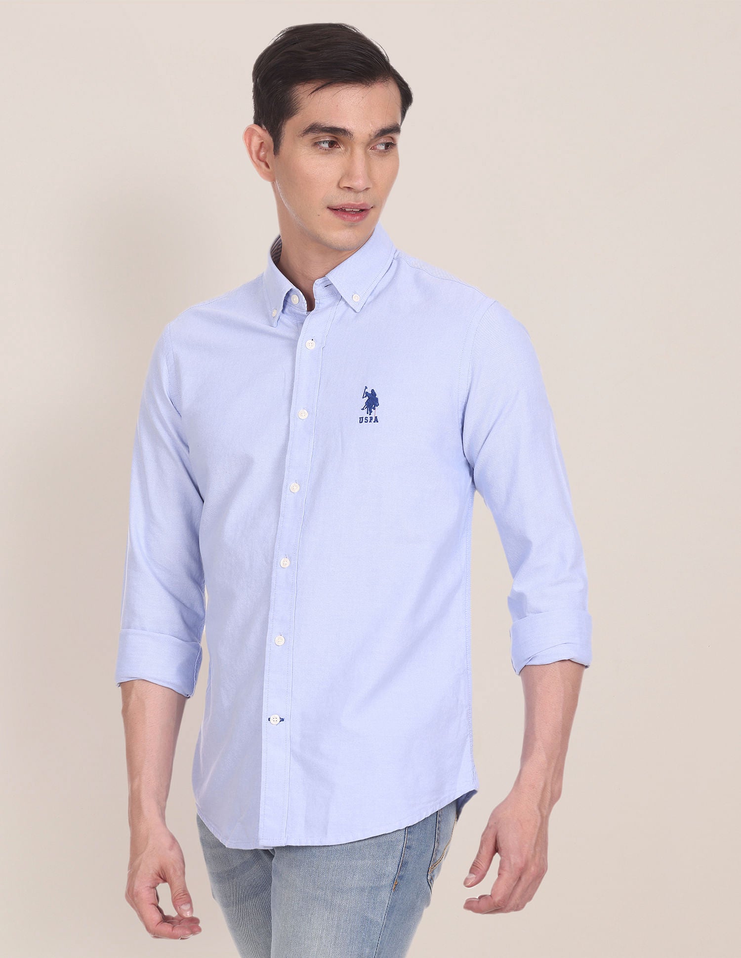 Men Blue Button Down Collar Cotton Solid Formal Shirt Blue - U.S. POLO ASSN. | Large