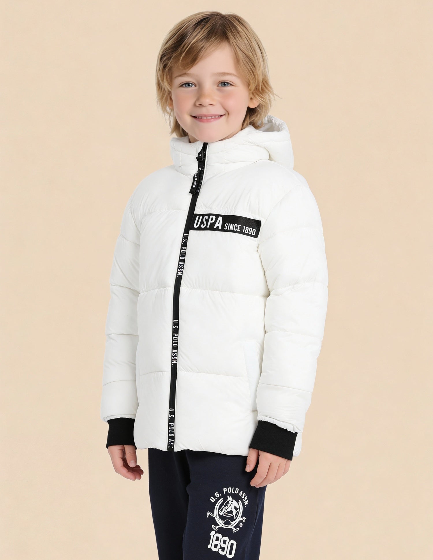 Boys Solid Regular Fit Puffer Jacket White - U.S. Polo Assn. India | Large