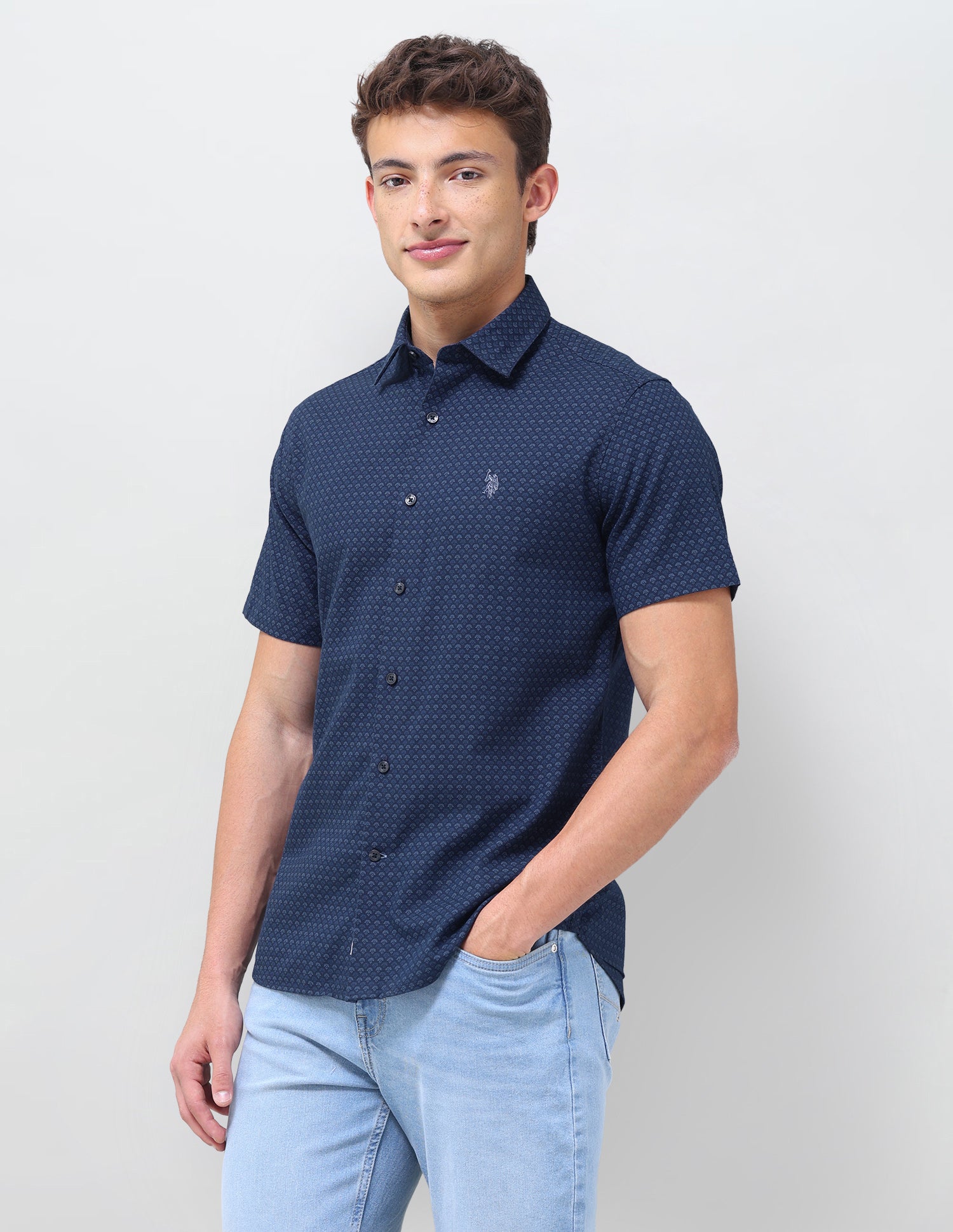 Self Design Floral Regular Fit Shirt Teal - U.S. Polo Assn. India | Large