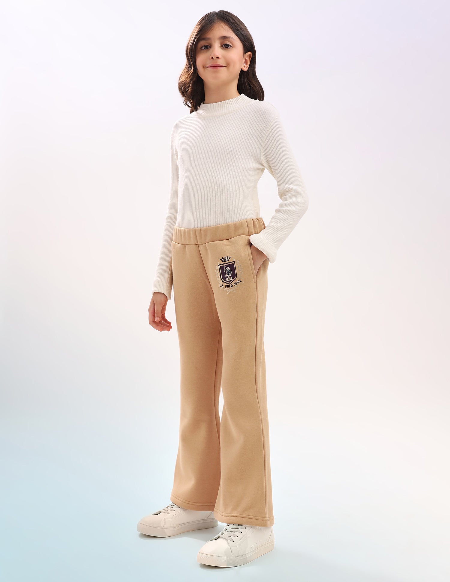 Girls Solid Regular Fit Flared Track Pants Beige - U.S. POLO ASSN. | Large