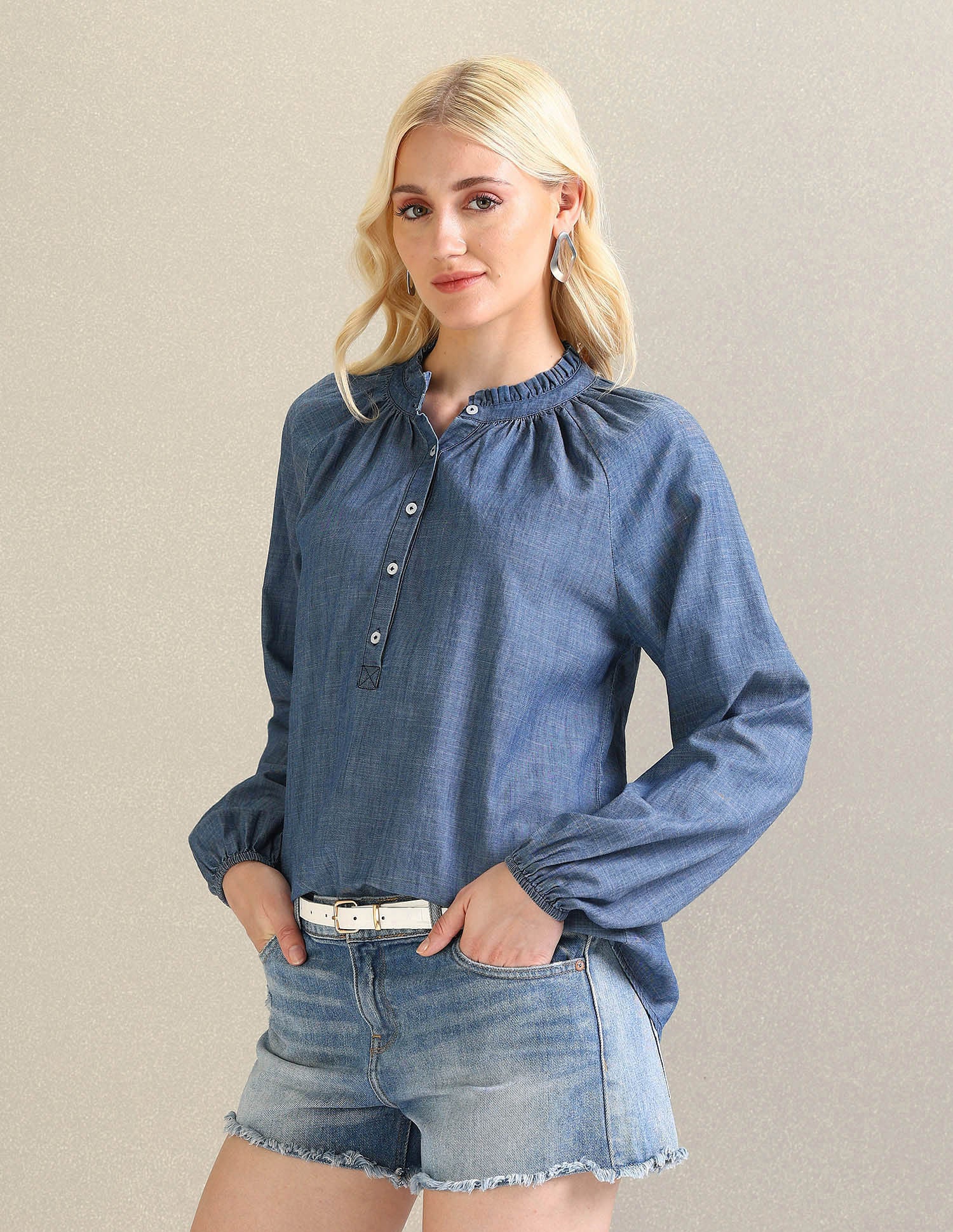 Raglan Sleeve Chambray Shirt Blue - U.S. Polo Assn. India | Large
