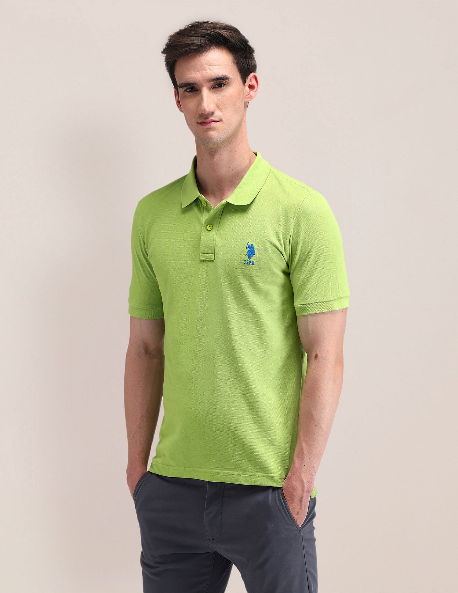 Solid Slim Fit Cotton Polo Shirt Green - U.S. POLO ASSN. | Large