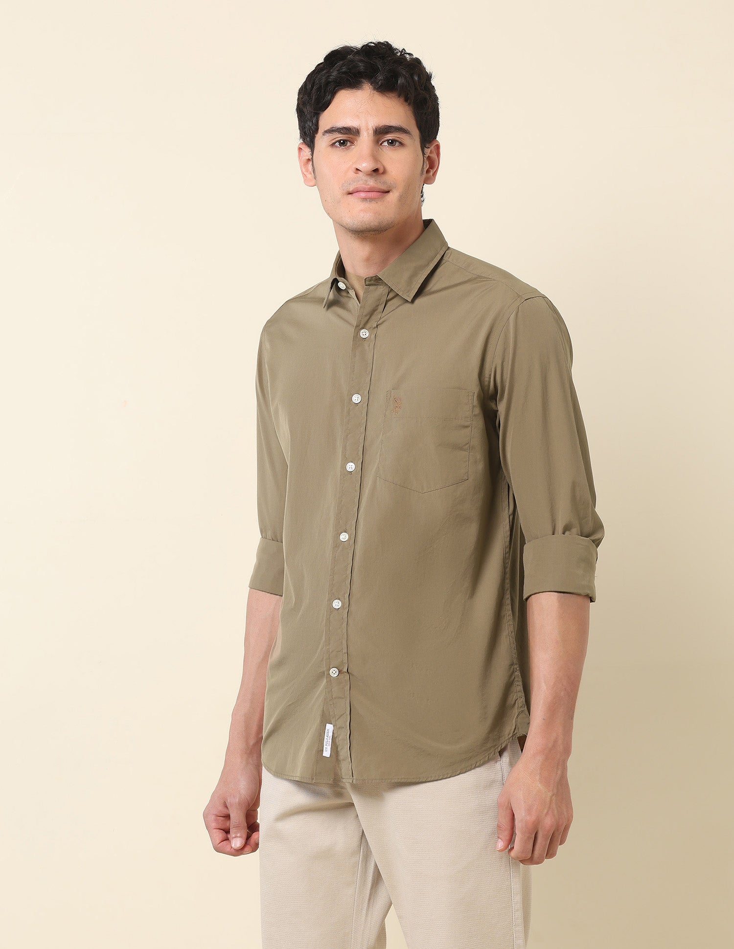 Pure Cotton Tailored Fit Shirt Khaki - U.S. Polo Assn. India | Large