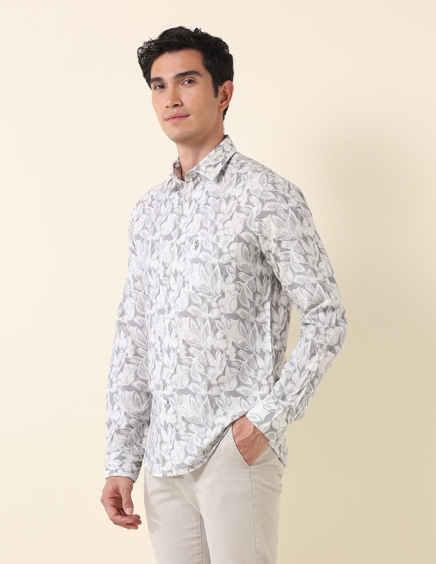 All Over Printed Tailored Fit Shirt Light Grey - U.S. Polo Assn. India | Large
