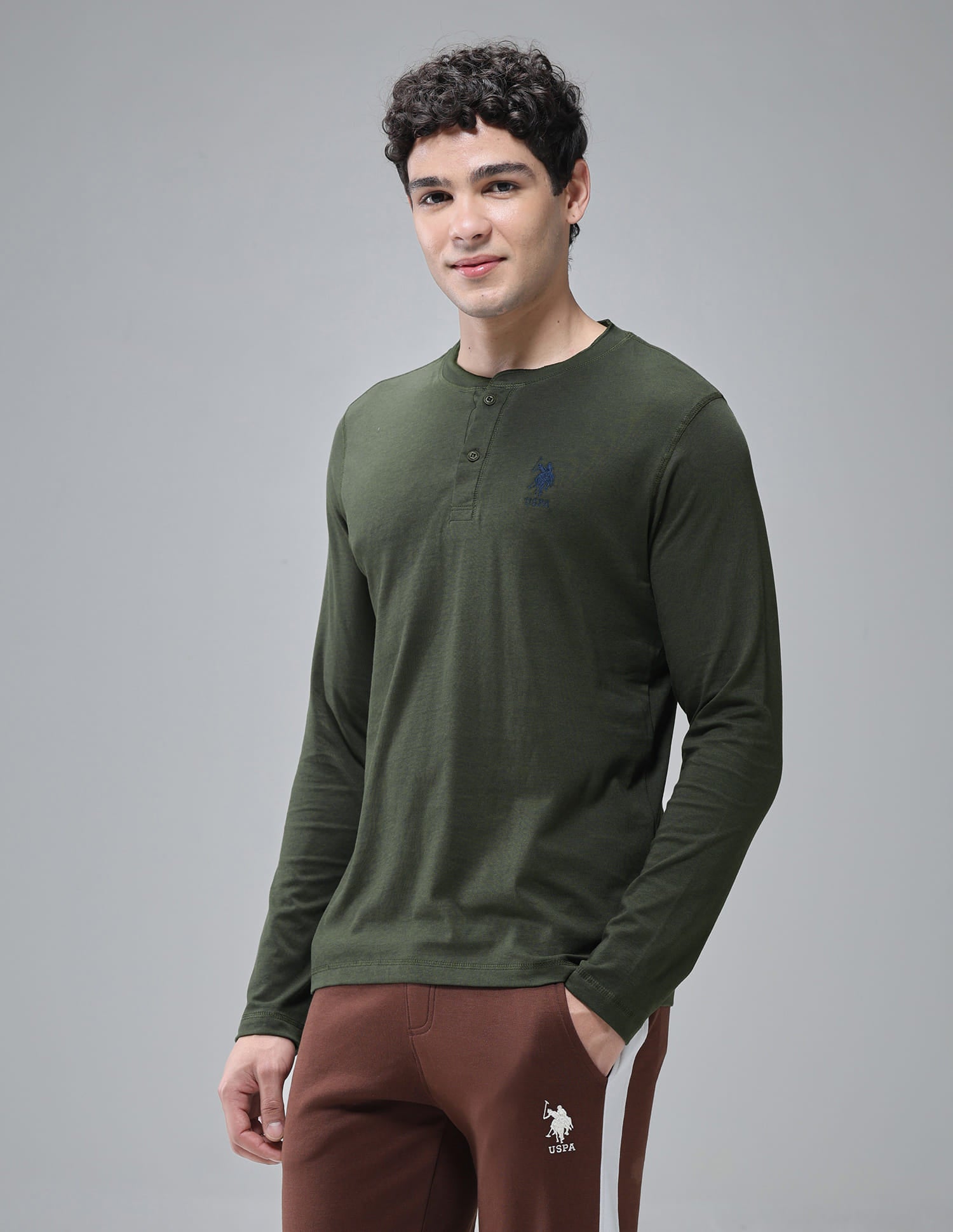 Comfort Fit Cotton I694 Henley Lounge T-Shirt - Pack Of 1 Olive - U.S. Polo Assn. India | Large